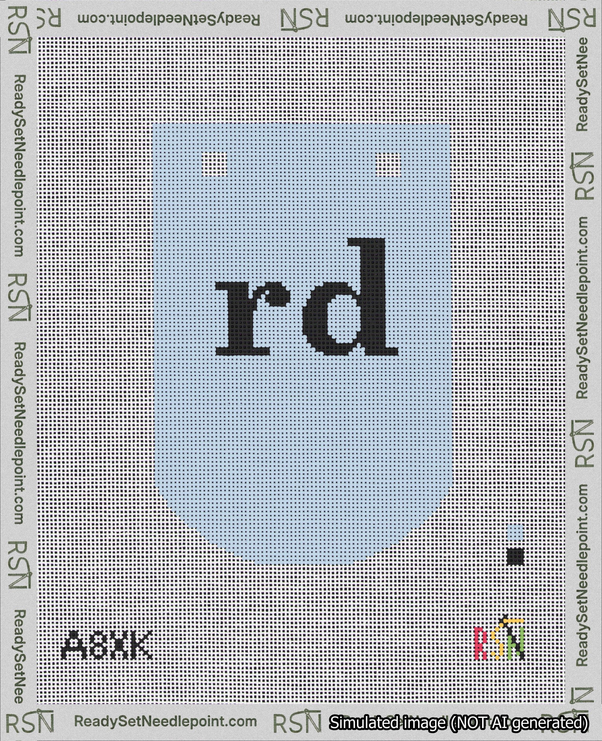A taped needlepoint canvas with the design: Banner 18 mesh count Curved rd Black on Light Blue.