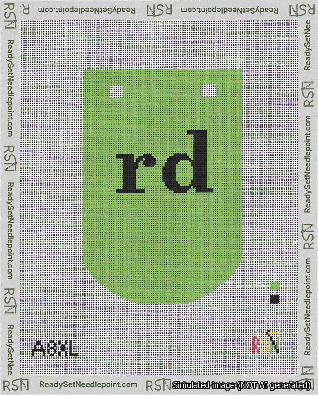 A taped needlepoint canvas with the design: Banner 18 mesh count Curved rd Black on Light Green.