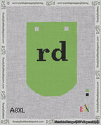 A taped needlepoint canvas with the design: Banner 18 mesh count Curved rd Black on Light Green.