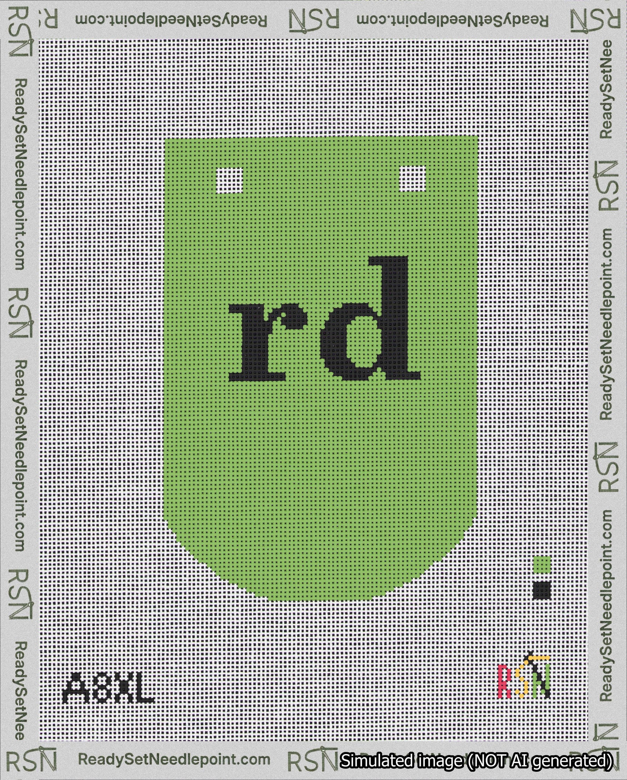 A taped needlepoint canvas with the design: Banner 18 mesh count Curved rd Black on Light Green.