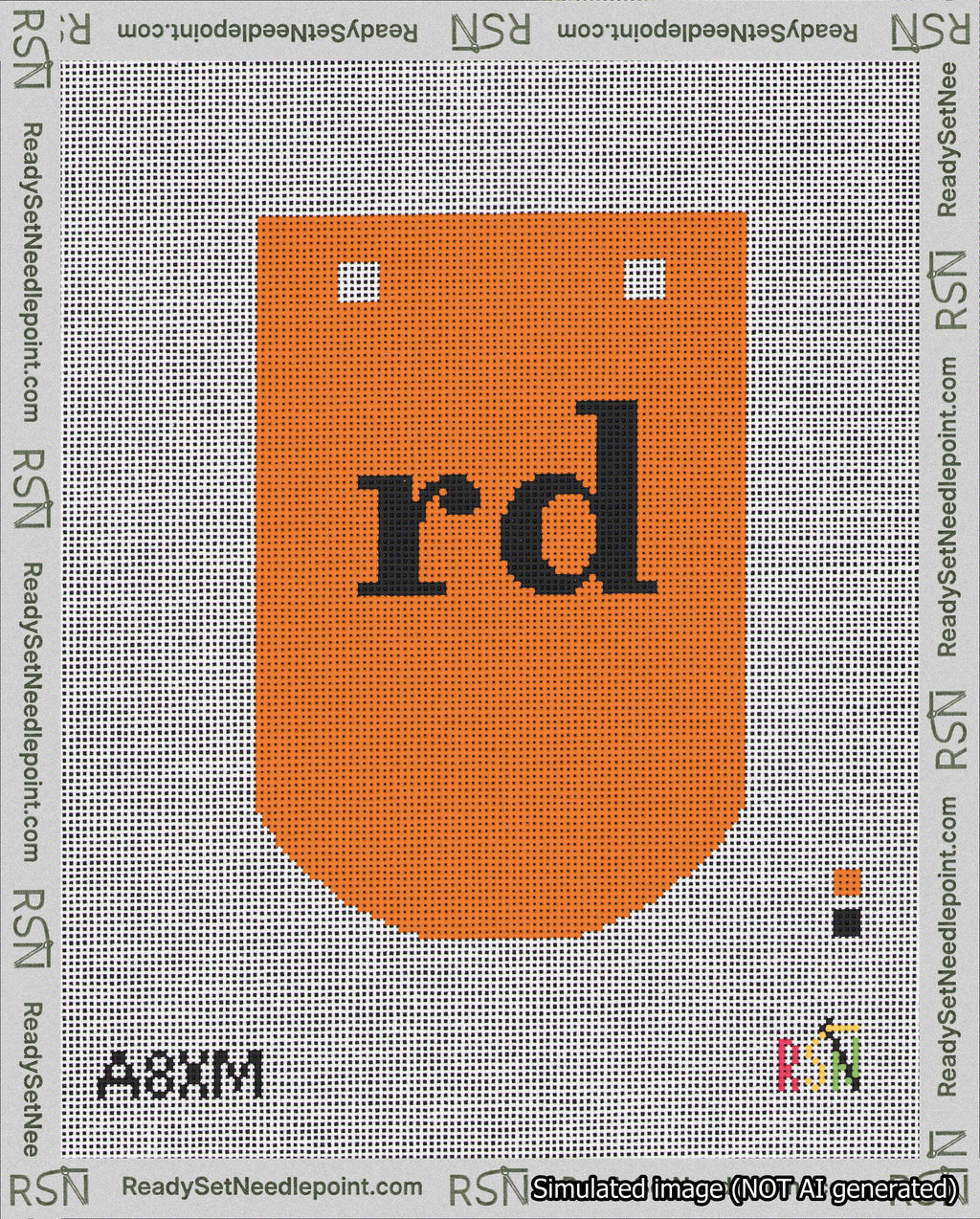 A taped needlepoint canvas with the design: Banner 18 mesh count Curved rd Black on Orange.