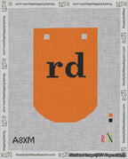 A taped needlepoint canvas with the design: Banner 18 mesh count Curved rd Black on Orange.