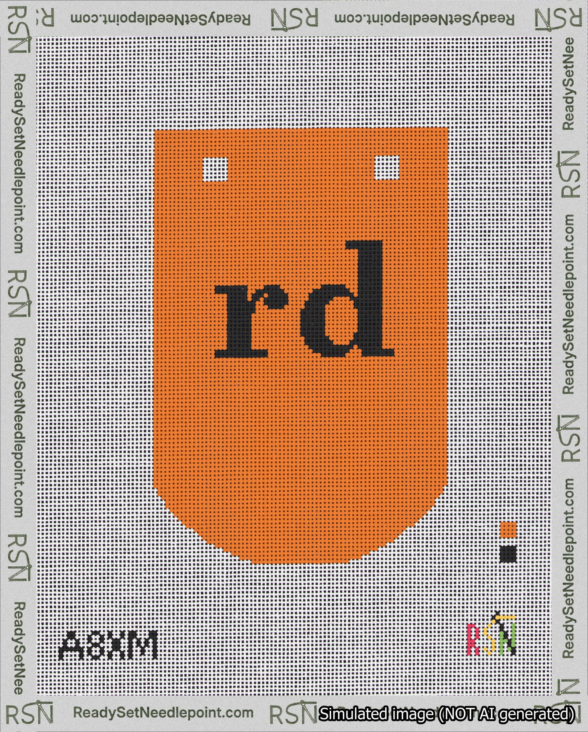 A taped needlepoint canvas with the design: Banner 18 mesh count Curved rd Black on Orange.