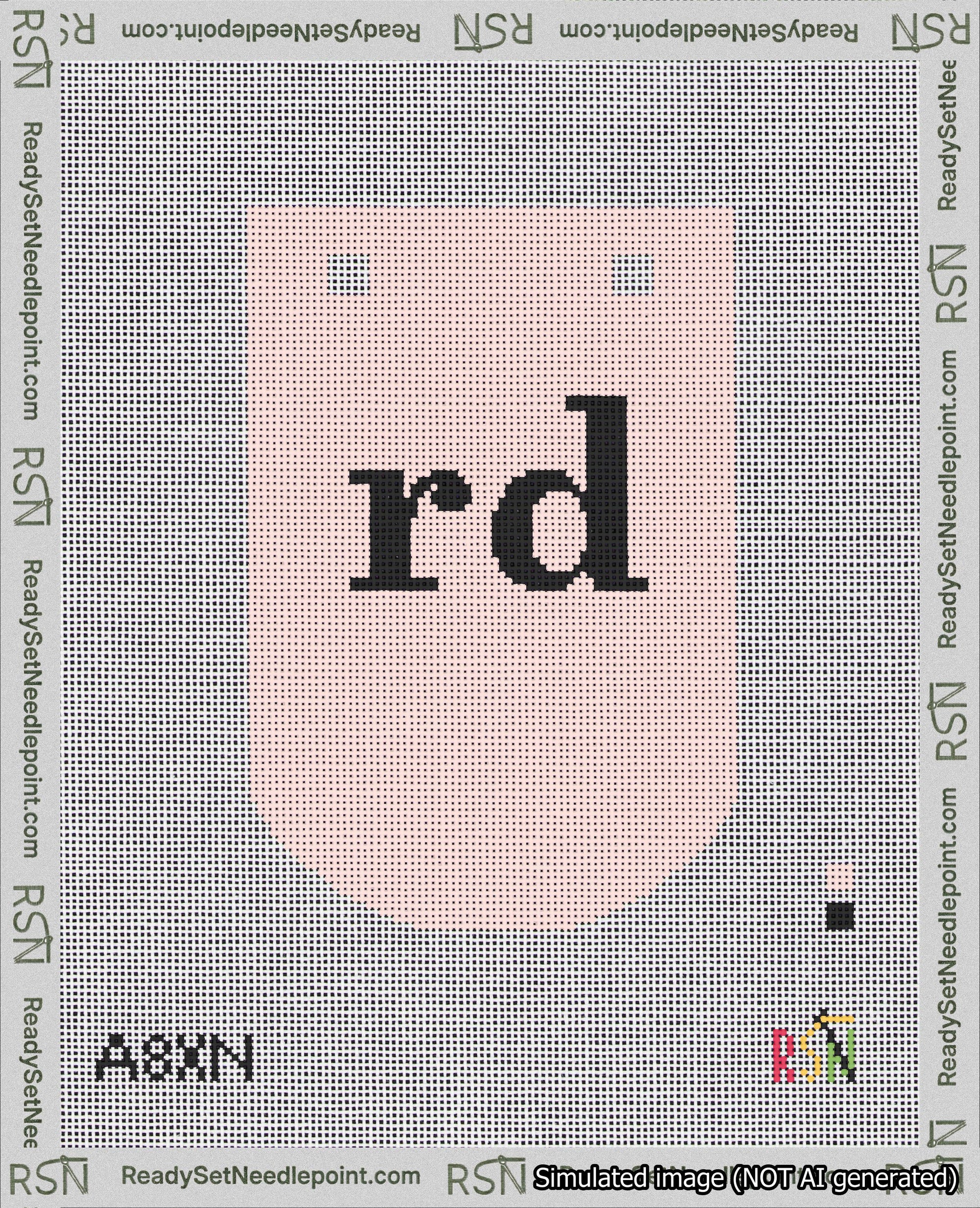 A taped needlepoint canvas with the design: Banner 18 mesh count Curved rd Black on Pink.