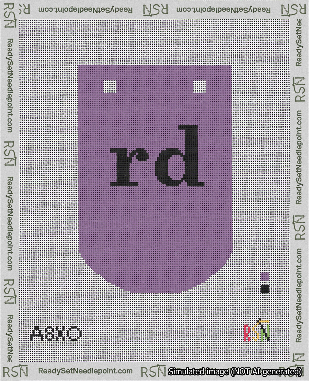 A taped needlepoint canvas with the design: Banner 18 mesh count Curved rd Black on Purple.