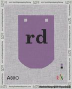 A taped needlepoint canvas with the design: Banner 18 mesh count Curved rd Black on Purple.