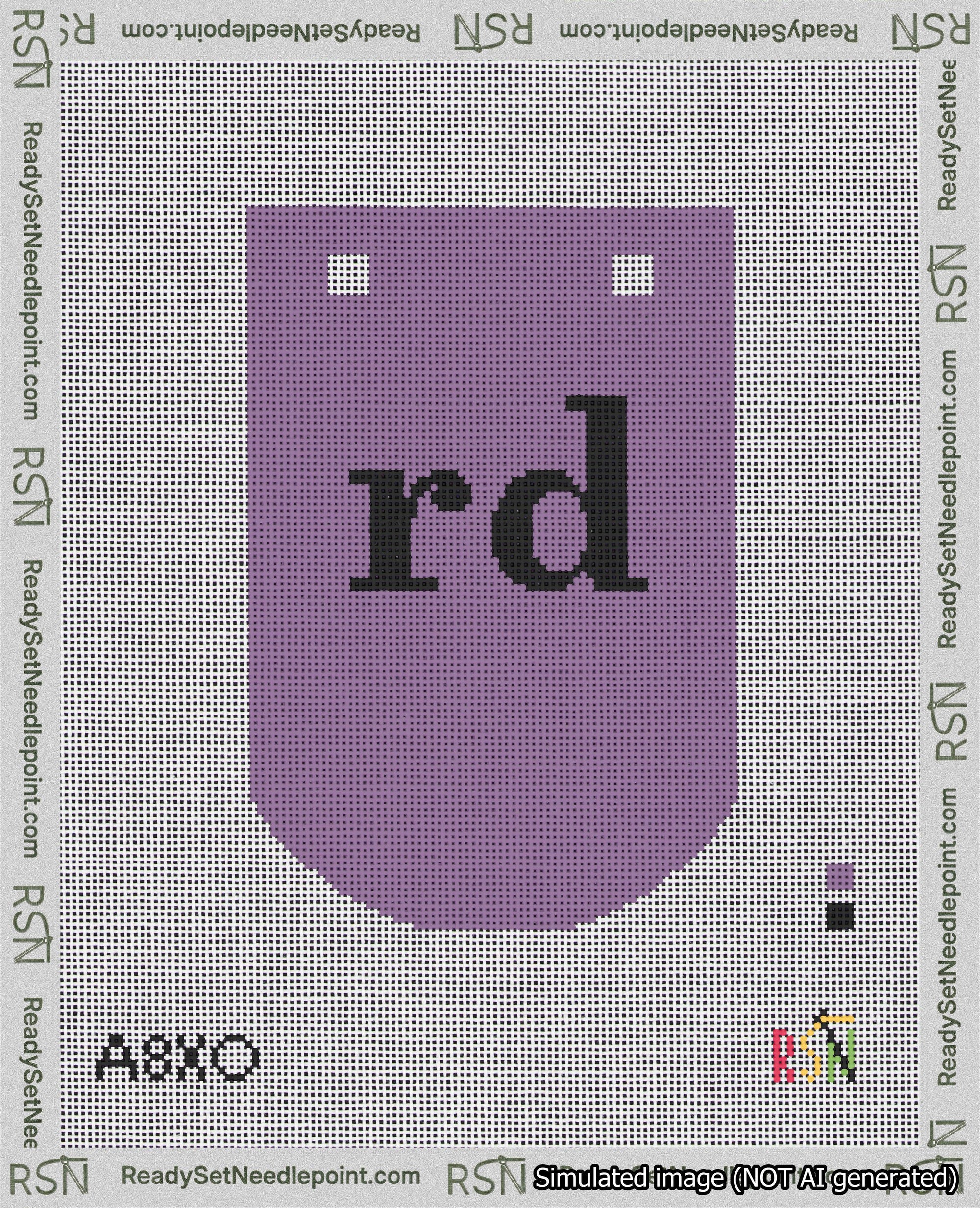 A taped needlepoint canvas with the design: Banner 18 mesh count Curved rd Black on Purple.