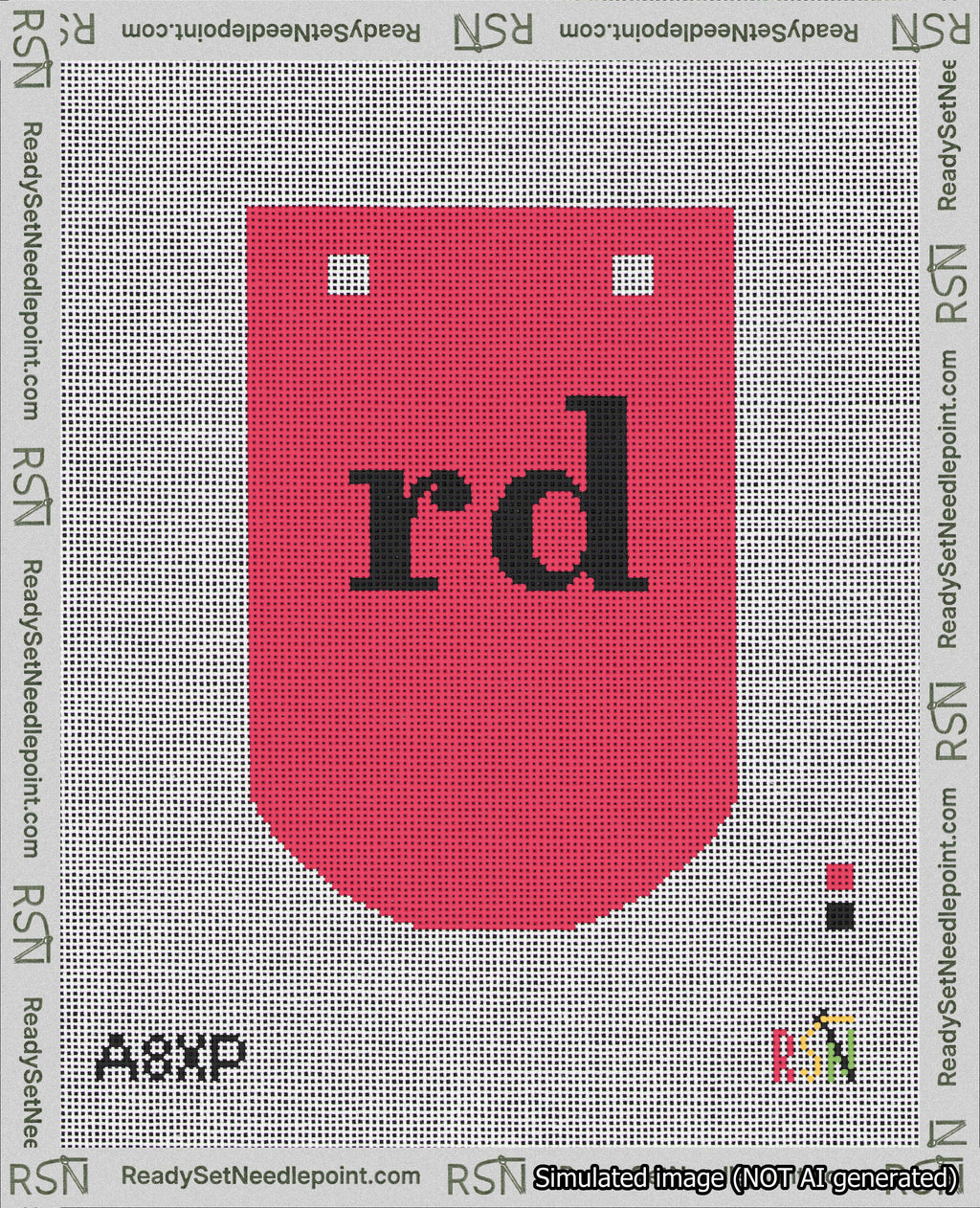 A taped needlepoint canvas with the design: Banner 18 mesh count Curved rd Black on Red.