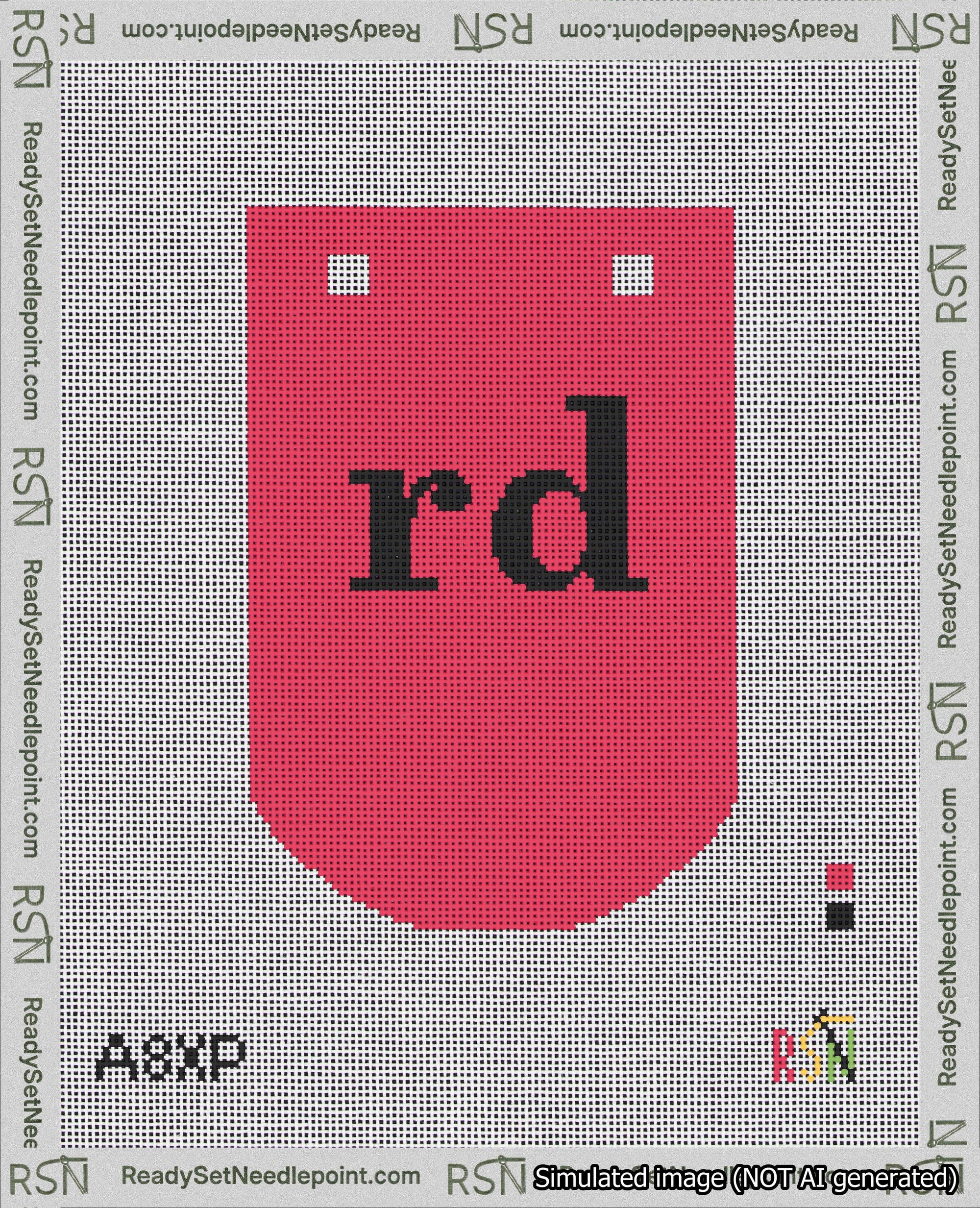 A taped needlepoint canvas with the design: Banner 18 mesh count Curved rd Black on Red.