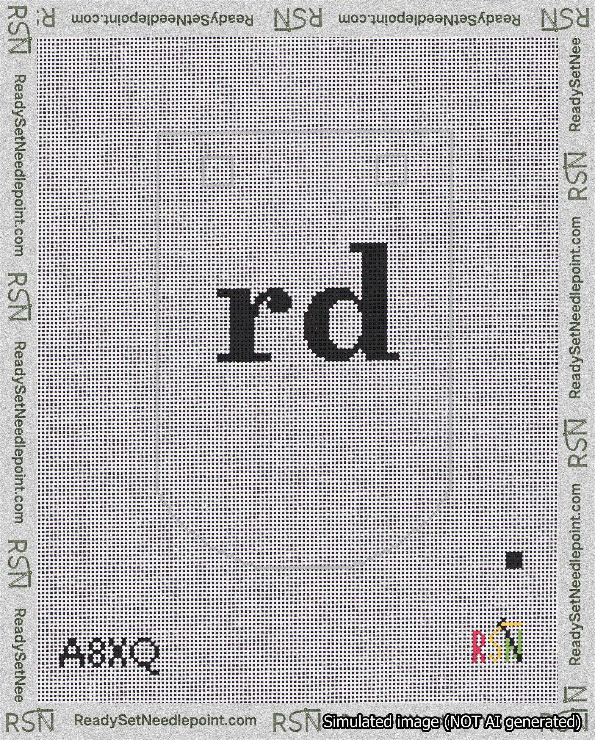 A taped needlepoint canvas with the design: Banner 18 mesh count Curved rd Black on White.