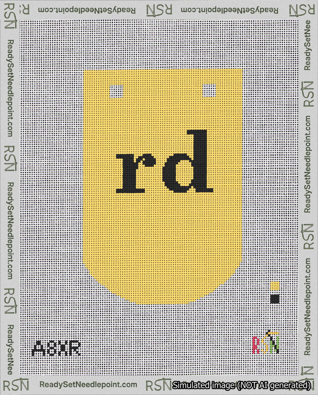 A taped needlepoint canvas with the design: Banner 18 mesh count Curved rd Black on Yellow.