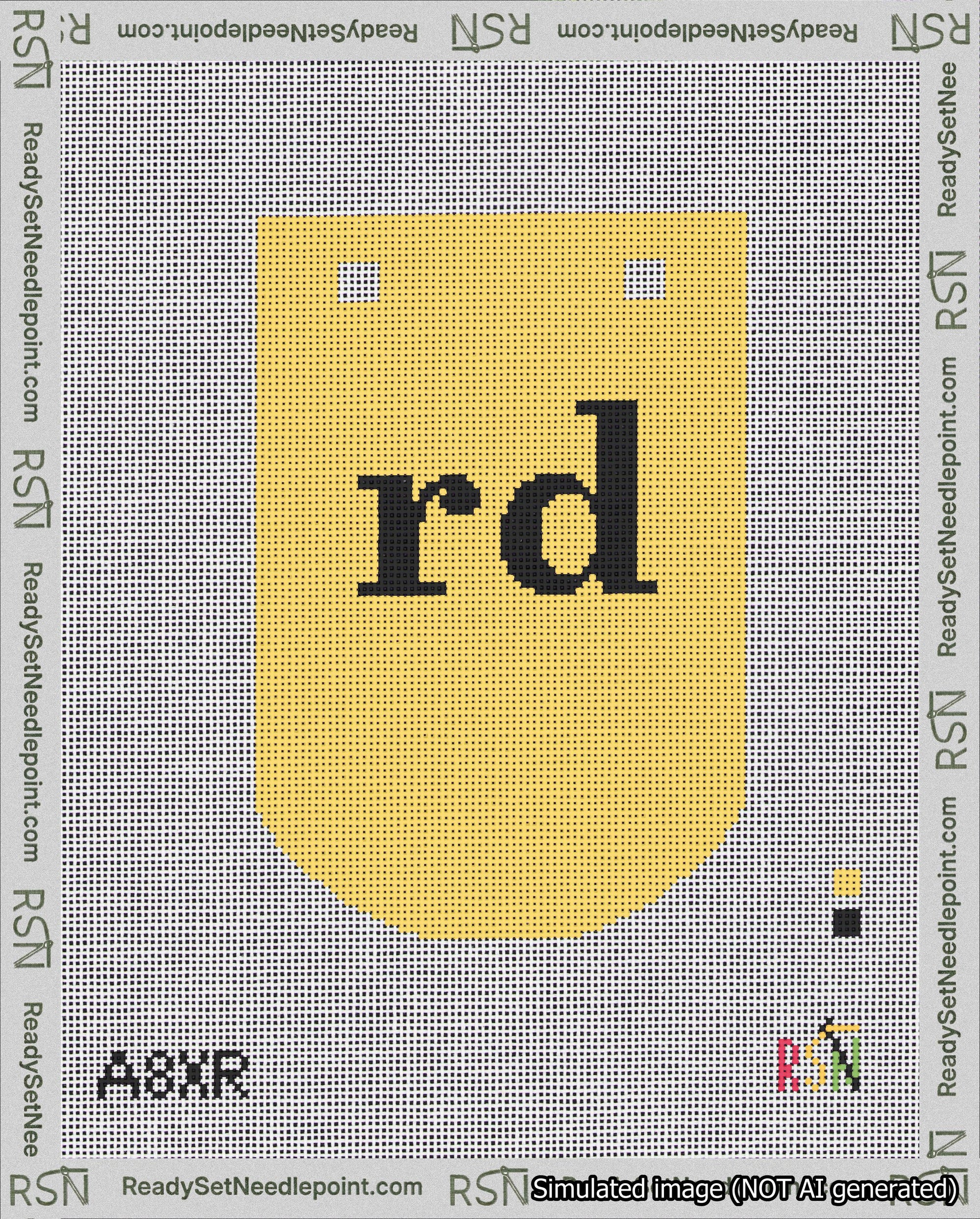 A taped needlepoint canvas with the design: Banner 18 mesh count Curved rd Black on Yellow.