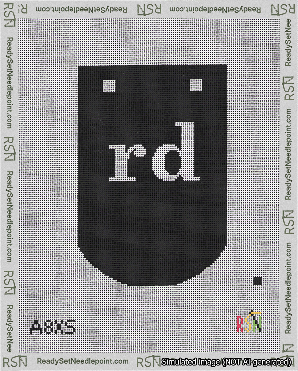 A taped needlepoint canvas with the design: Banner 18 mesh count Curved rd White on Black.