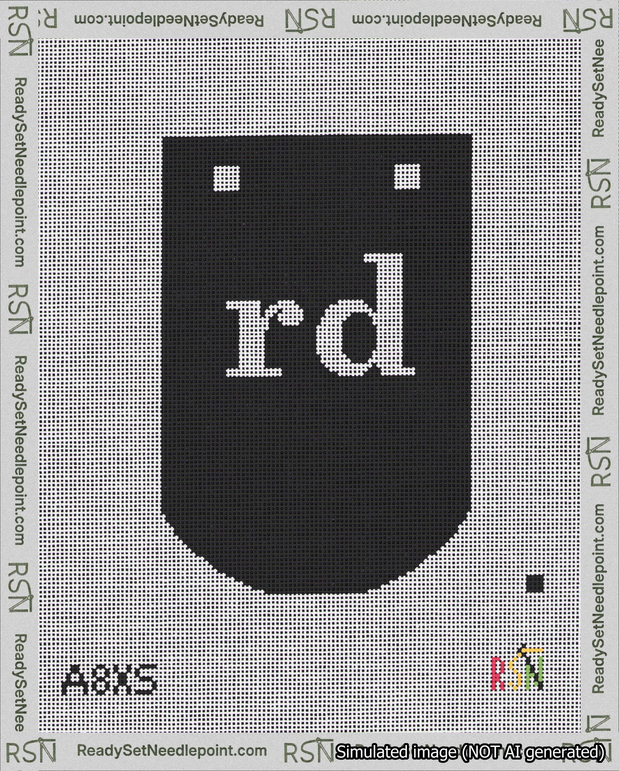 A taped needlepoint canvas with the design: Banner 18 mesh count Curved rd White on Black.
