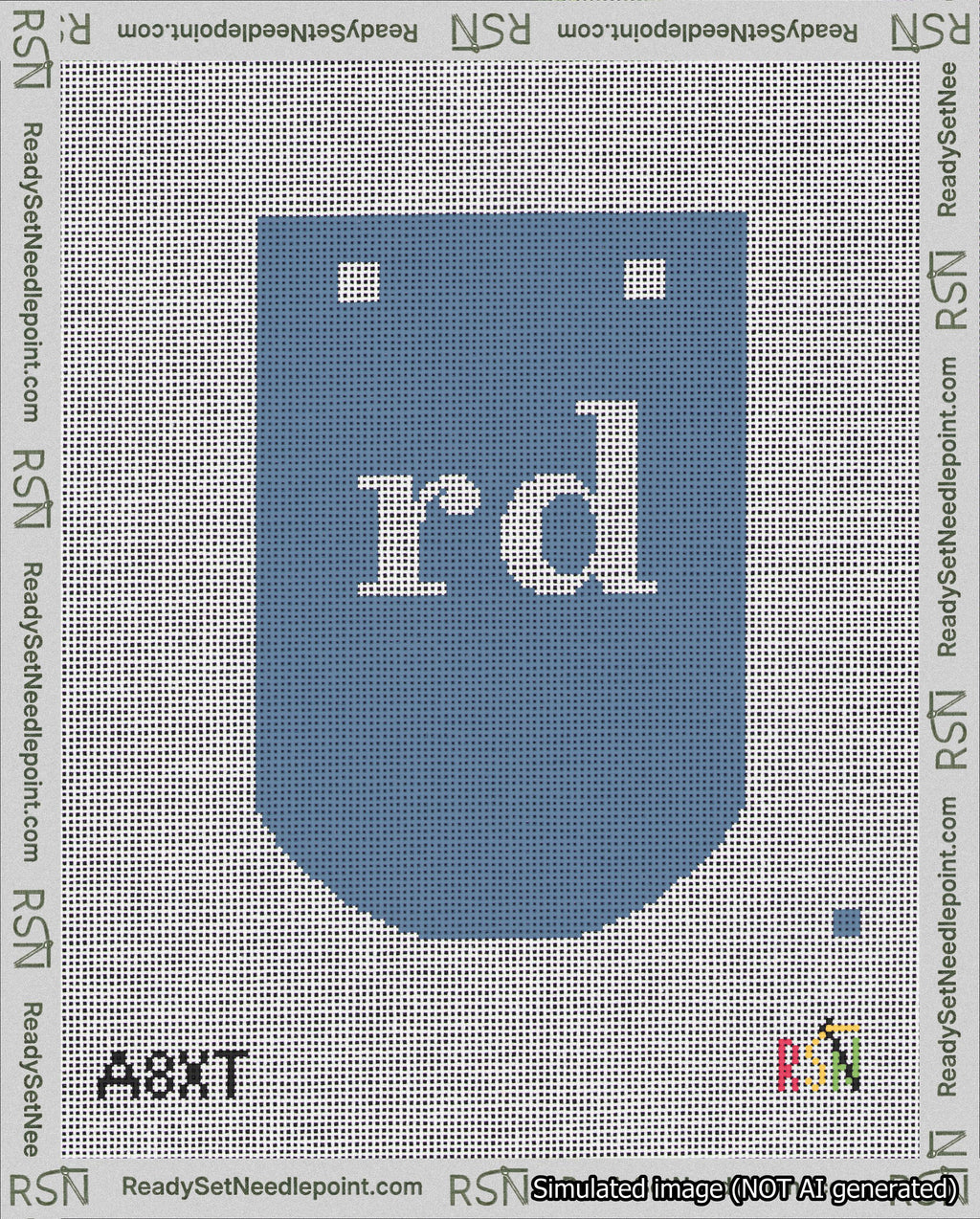 A taped needlepoint canvas with the design: Banner 18 mesh count Curved rd White on Blue.