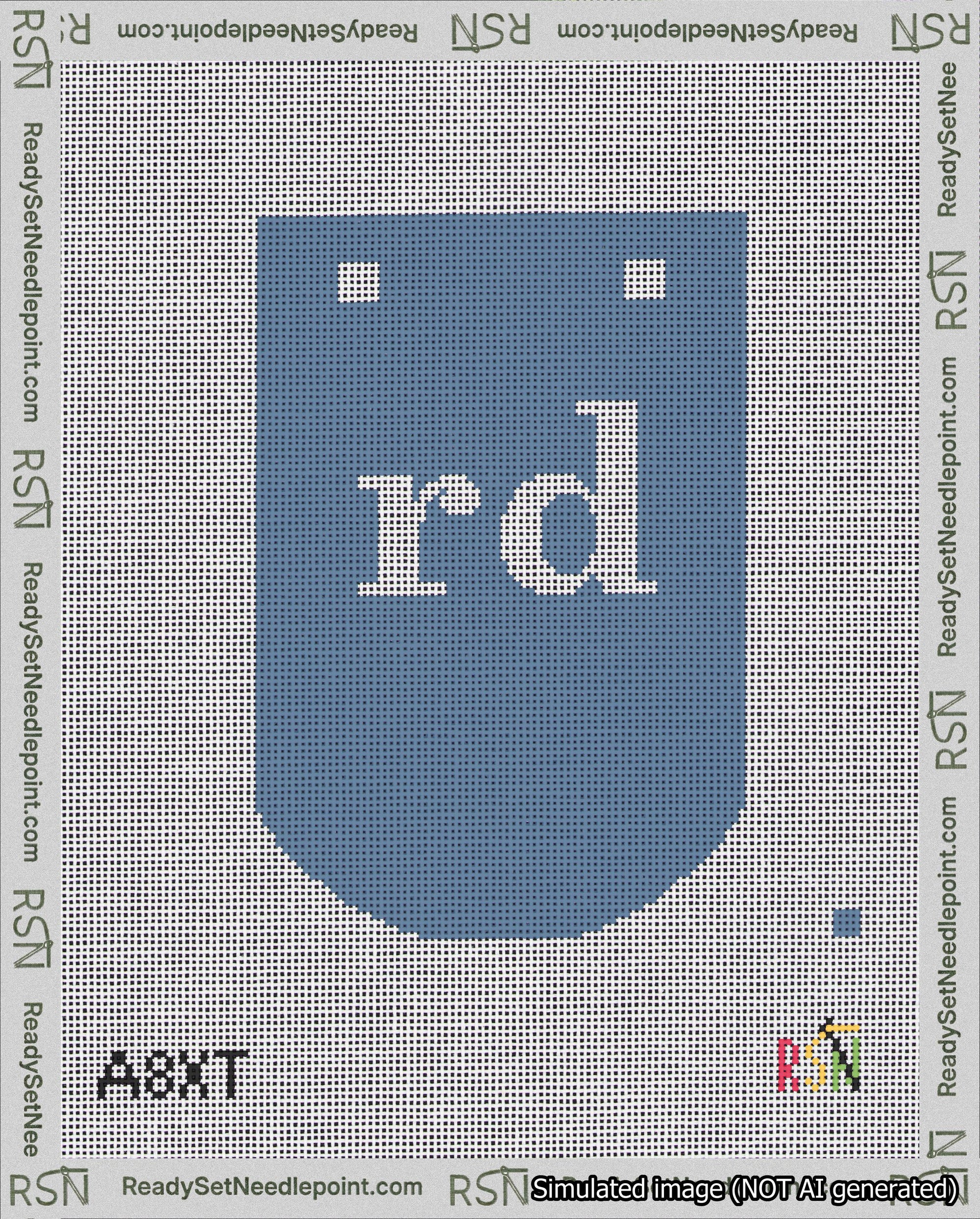 A taped needlepoint canvas with the design: Banner 18 mesh count Curved rd White on Blue.
