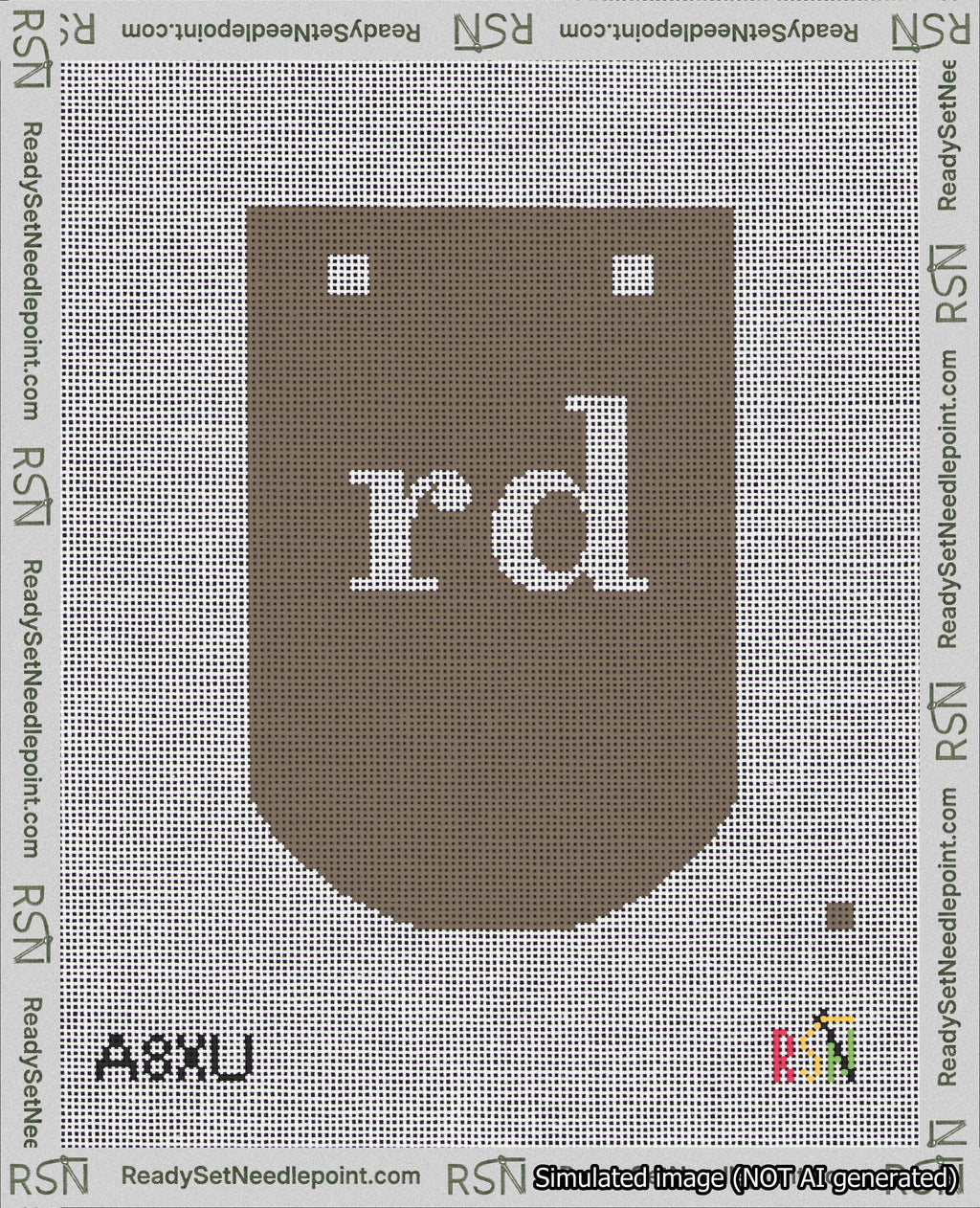A taped needlepoint canvas with the design: Banner 18 mesh count Curved rd White on Brown.