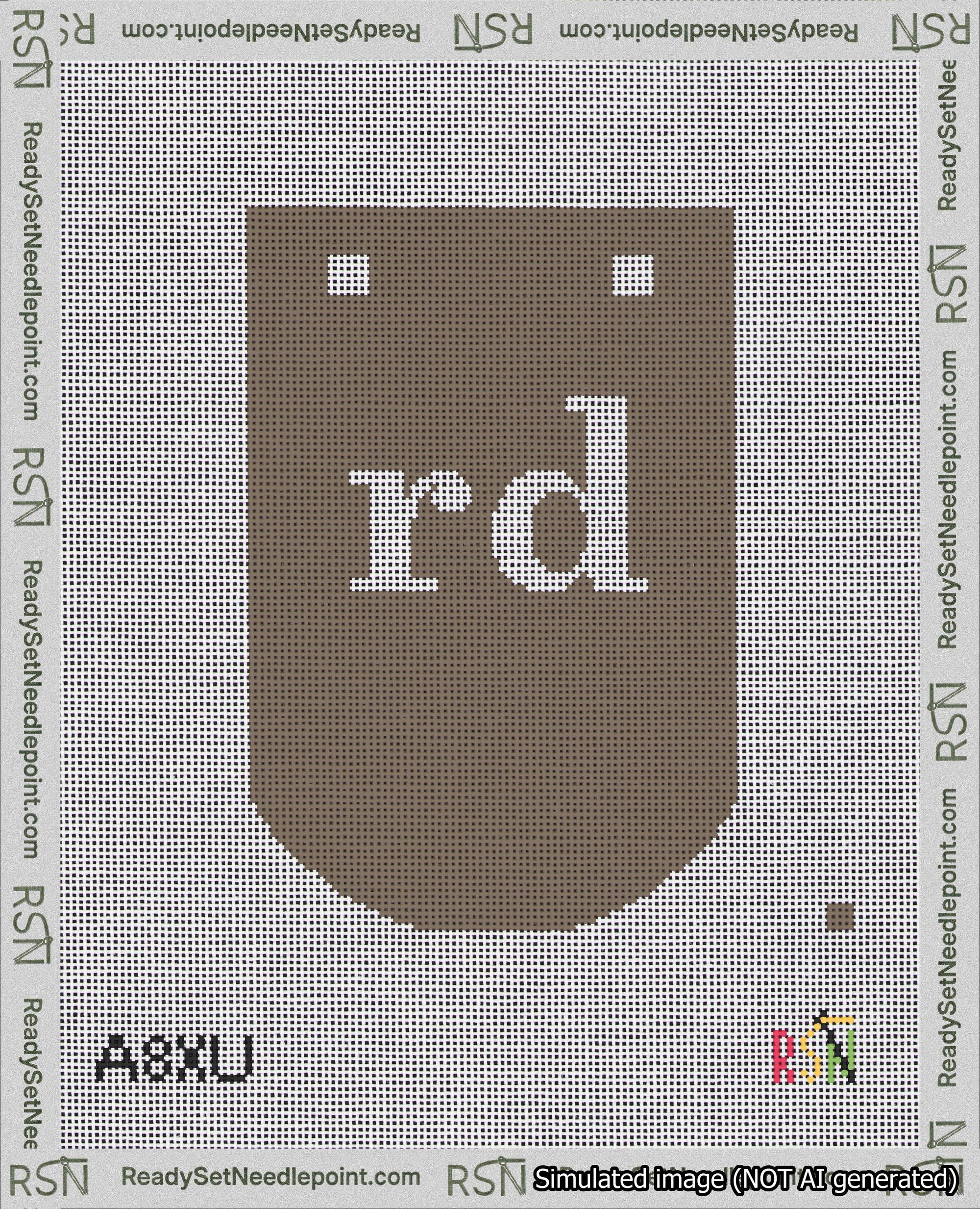 A taped needlepoint canvas with the design: Banner 18 mesh count Curved rd White on Brown.
