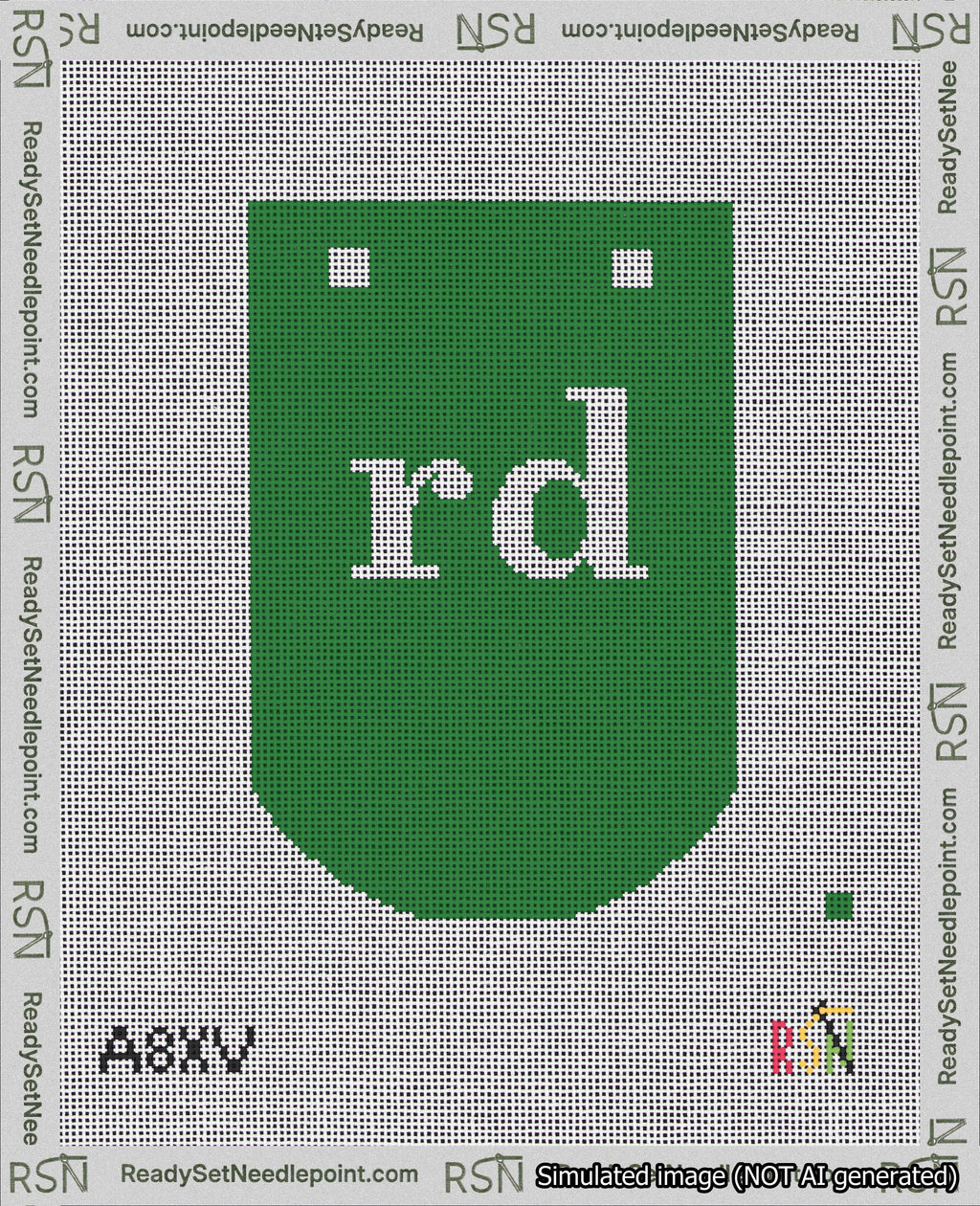 A taped needlepoint canvas with the design: Banner 18 mesh count Curved rd White on Green.