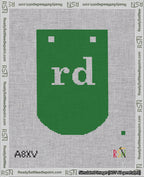 A taped needlepoint canvas with the design: Banner 18 mesh count Curved rd White on Green.