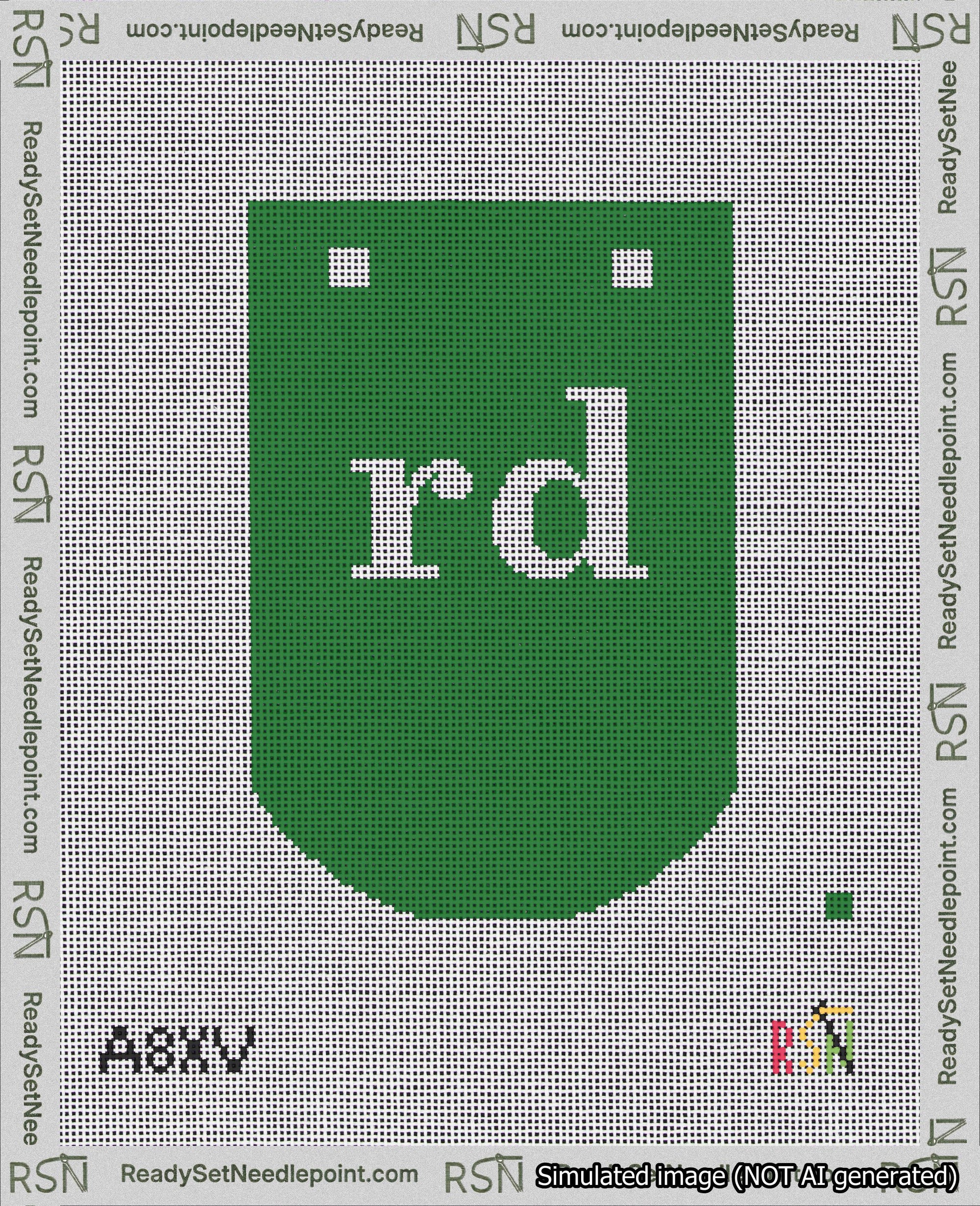 A taped needlepoint canvas with the design: Banner 18 mesh count Curved rd White on Green.