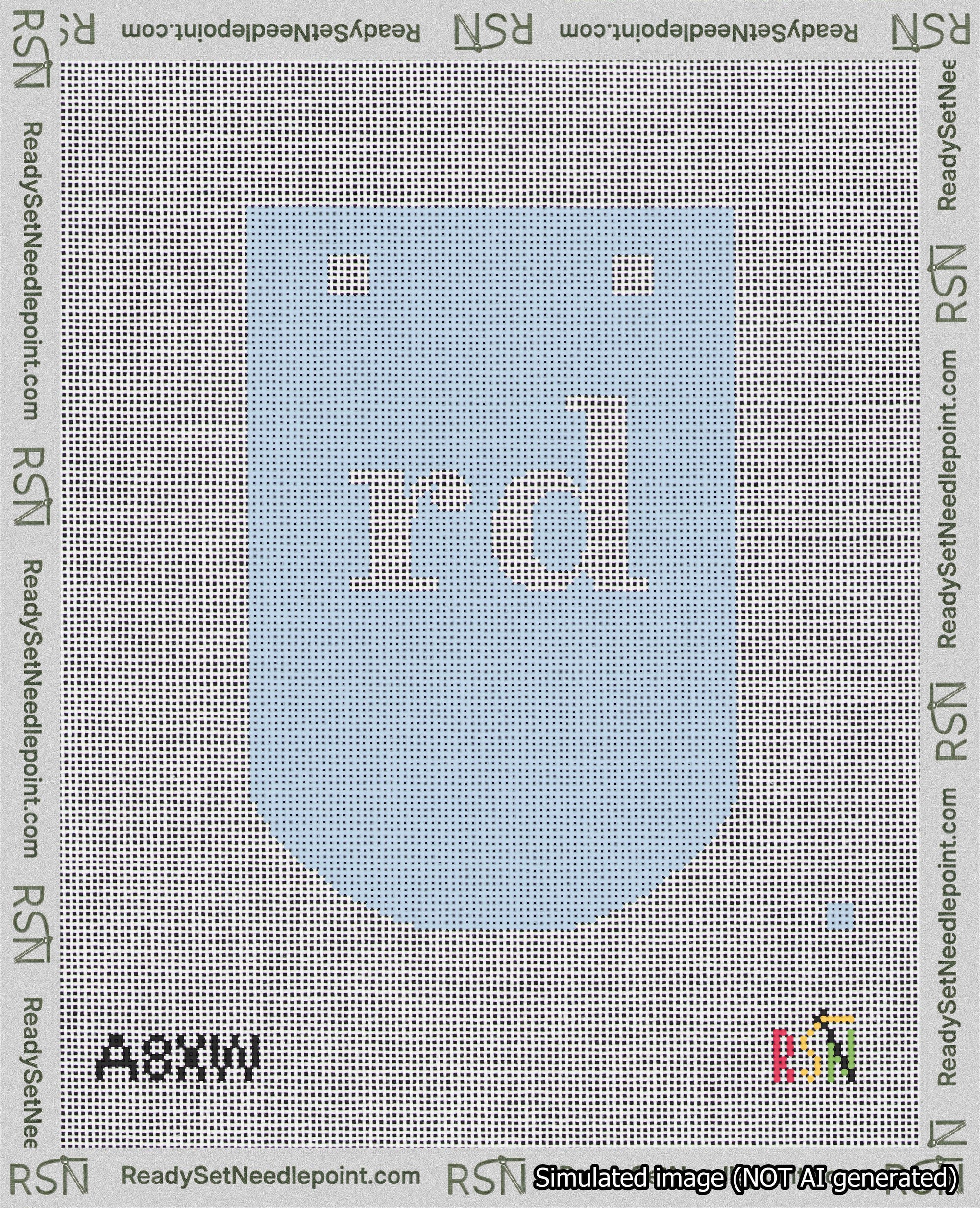 A taped needlepoint canvas with the design: Banner 18 mesh count Curved rd White on Light Blue.