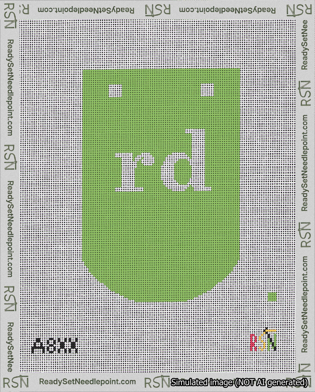 A taped needlepoint canvas with the design: Banner 18 mesh count Curved rd White on Light Green.