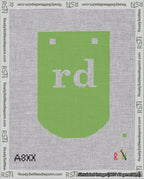 A taped needlepoint canvas with the design: Banner 18 mesh count Curved rd White on Light Green.
