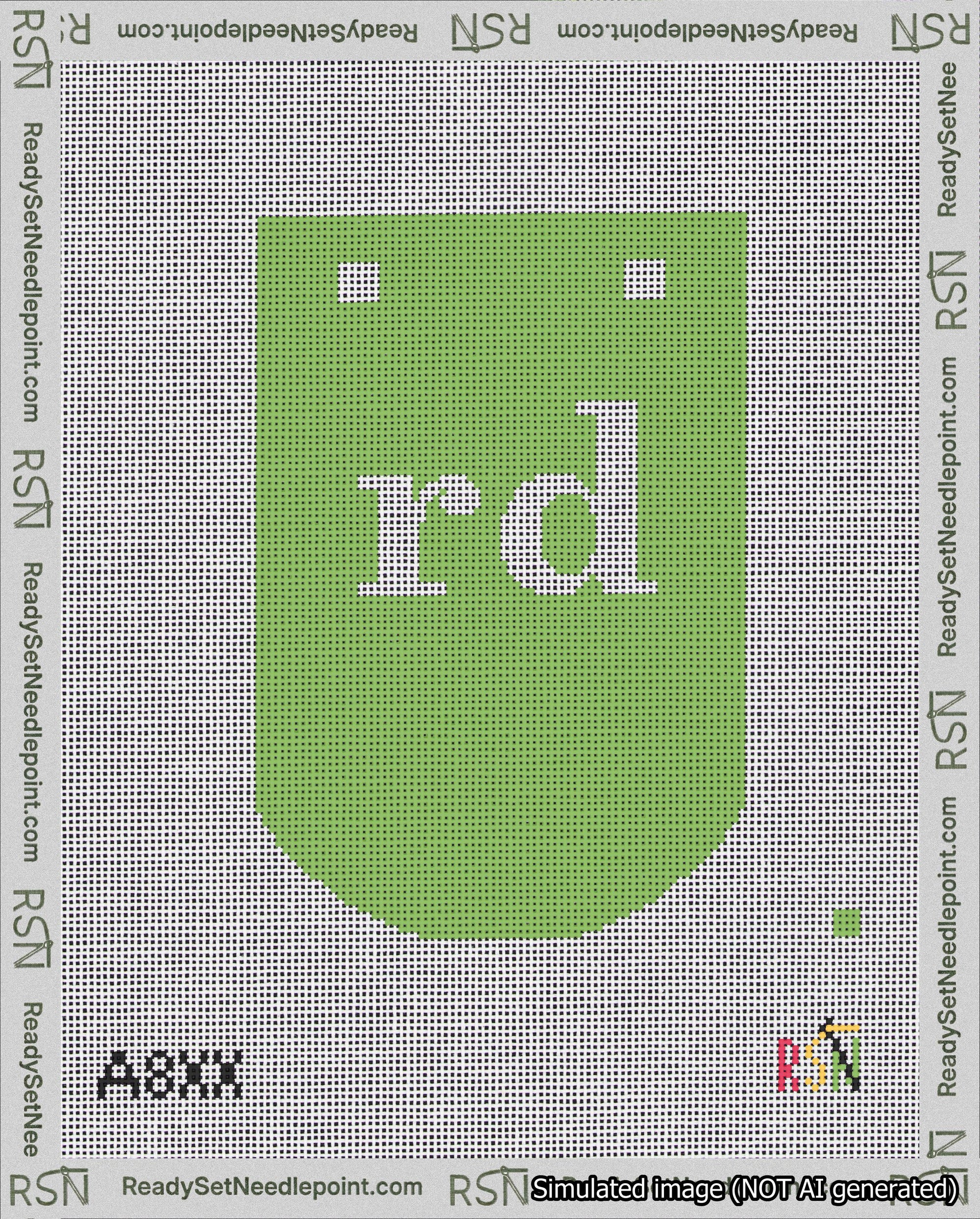 A taped needlepoint canvas with the design: Banner 18 mesh count Curved rd White on Light Green.