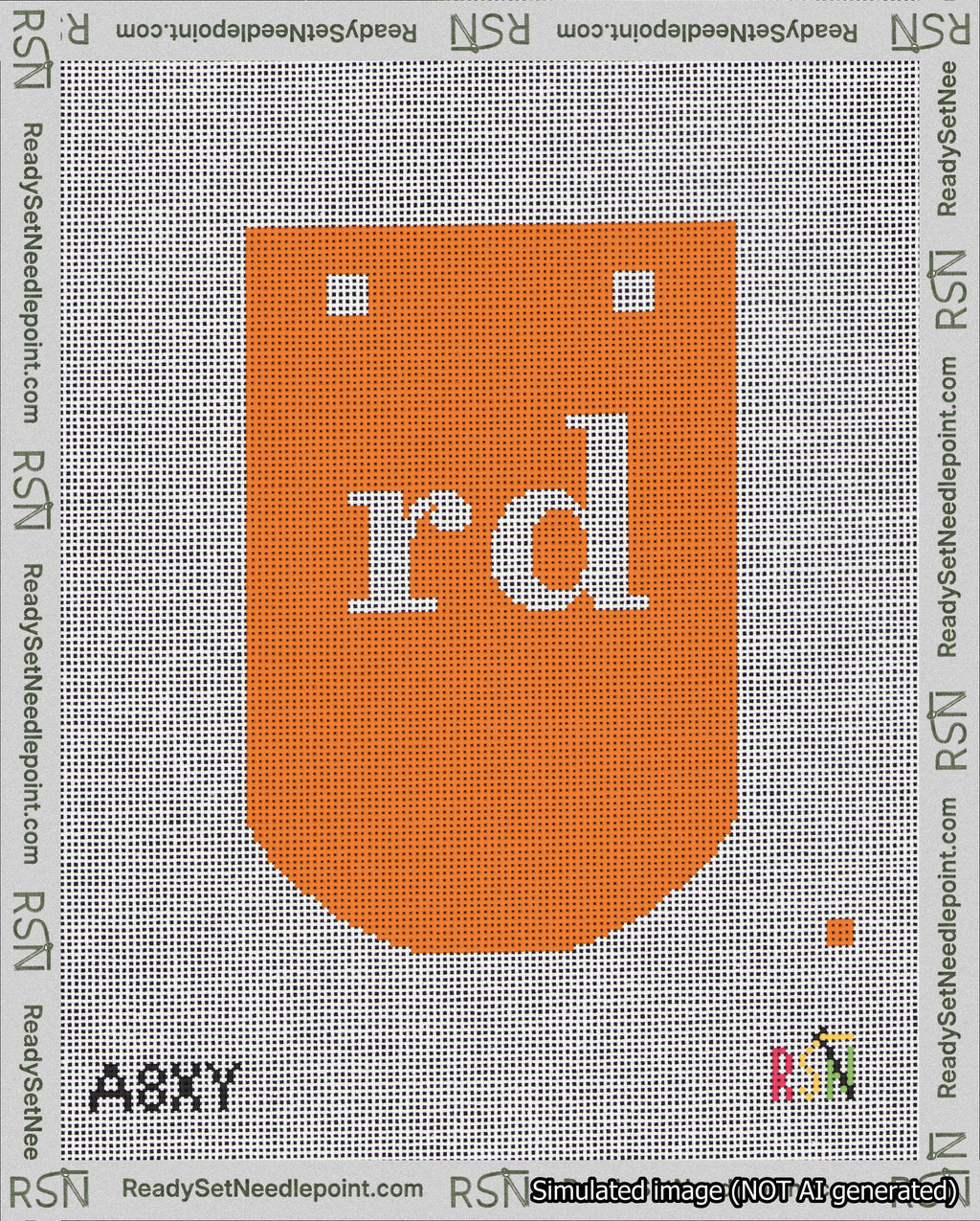 A taped needlepoint canvas with the design: Banner 18 mesh count Curved rd White on Orange.