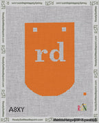 A taped needlepoint canvas with the design: Banner 18 mesh count Curved rd White on Orange.