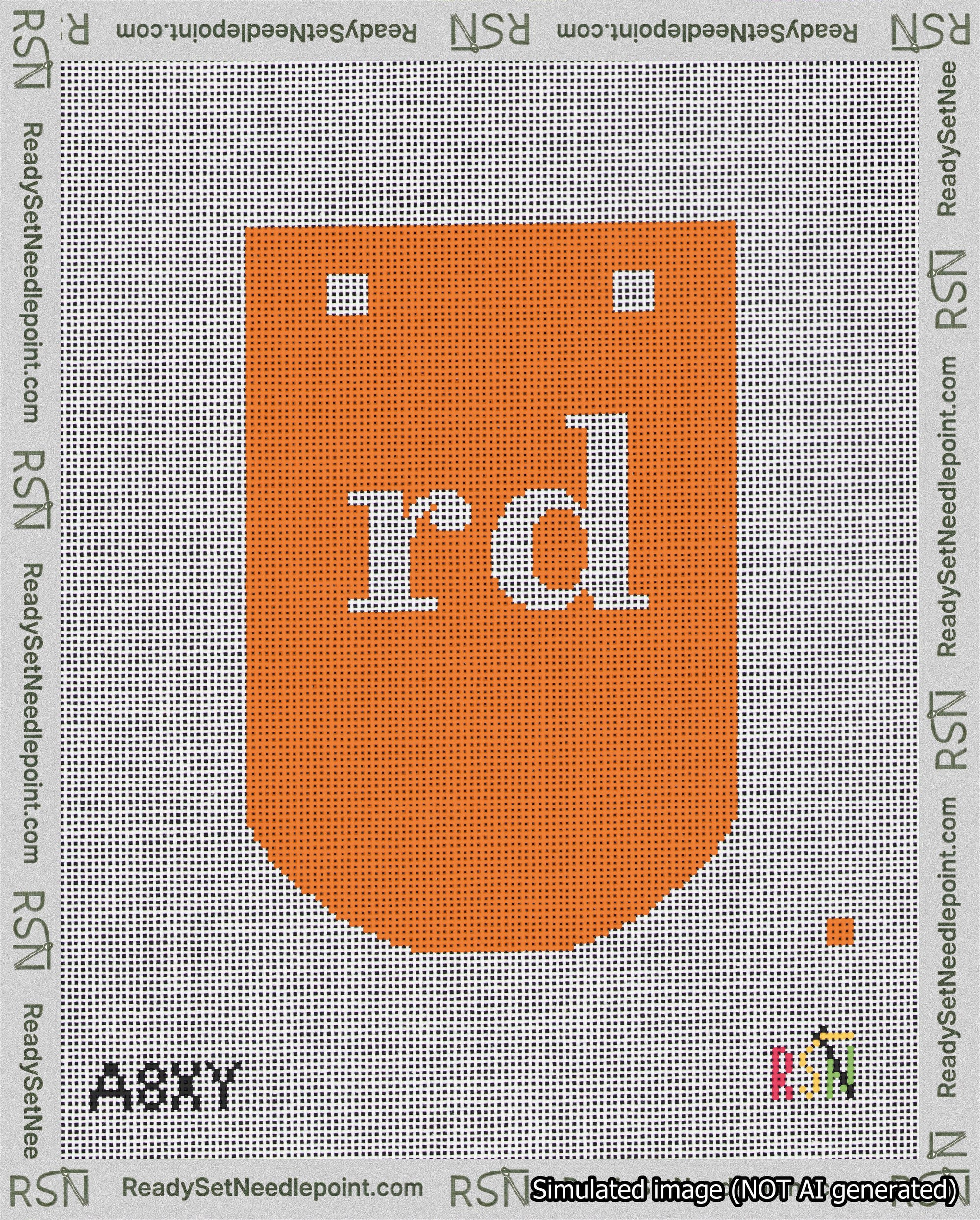A taped needlepoint canvas with the design: Banner 18 mesh count Curved rd White on Orange.