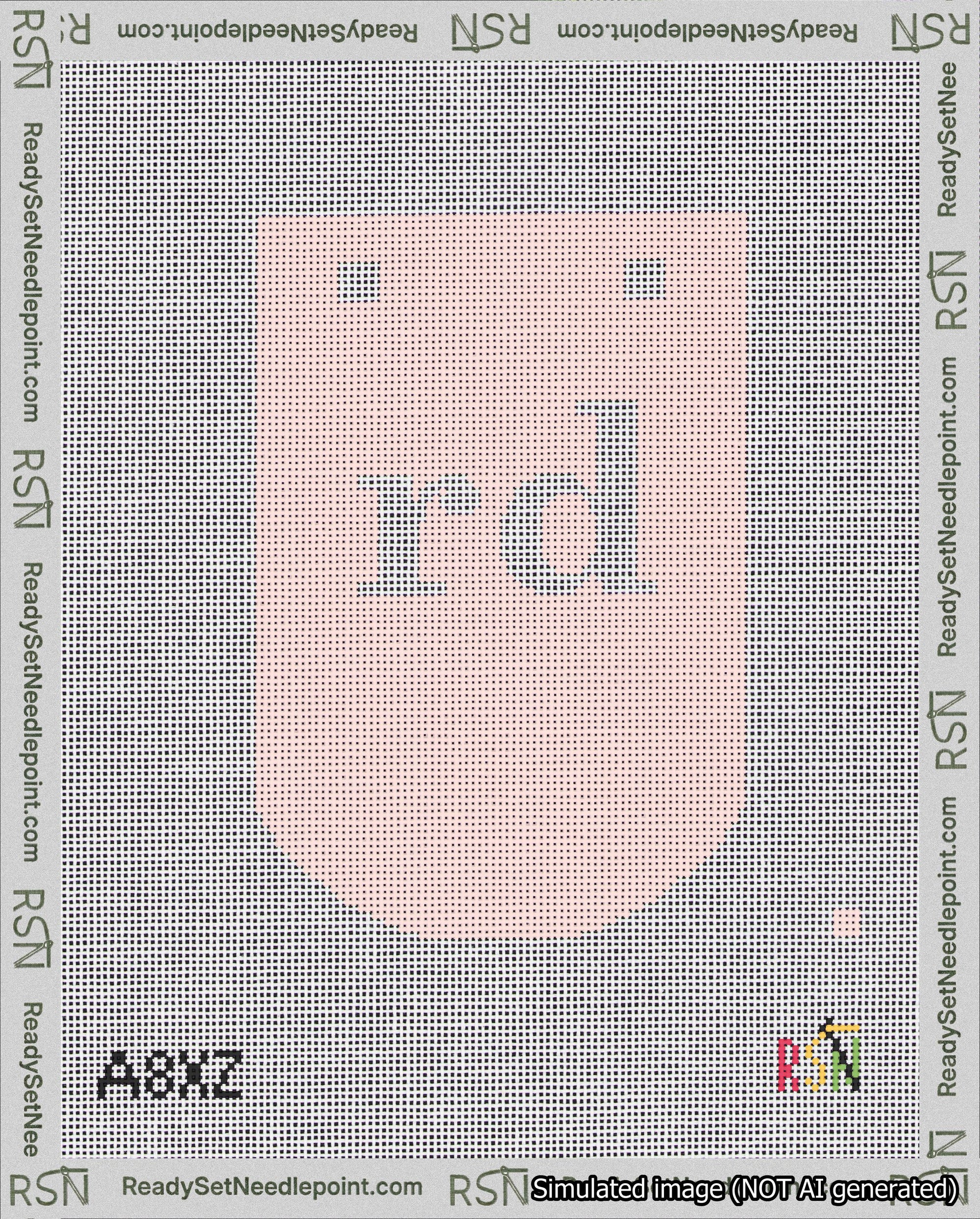 A taped needlepoint canvas with the design: Banner 18 mesh count Curved rd White on Pink.