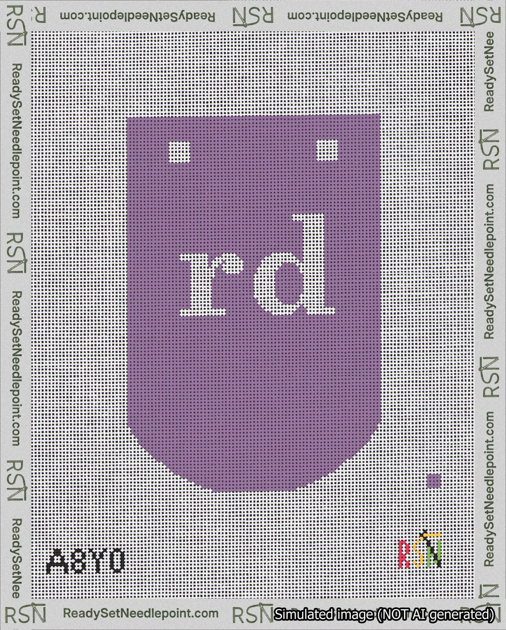 A taped needlepoint canvas with the design: Banner 18 mesh count Curved rd White on Purple.