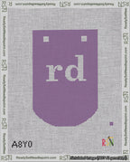 A taped needlepoint canvas with the design: Banner 18 mesh count Curved rd White on Purple.