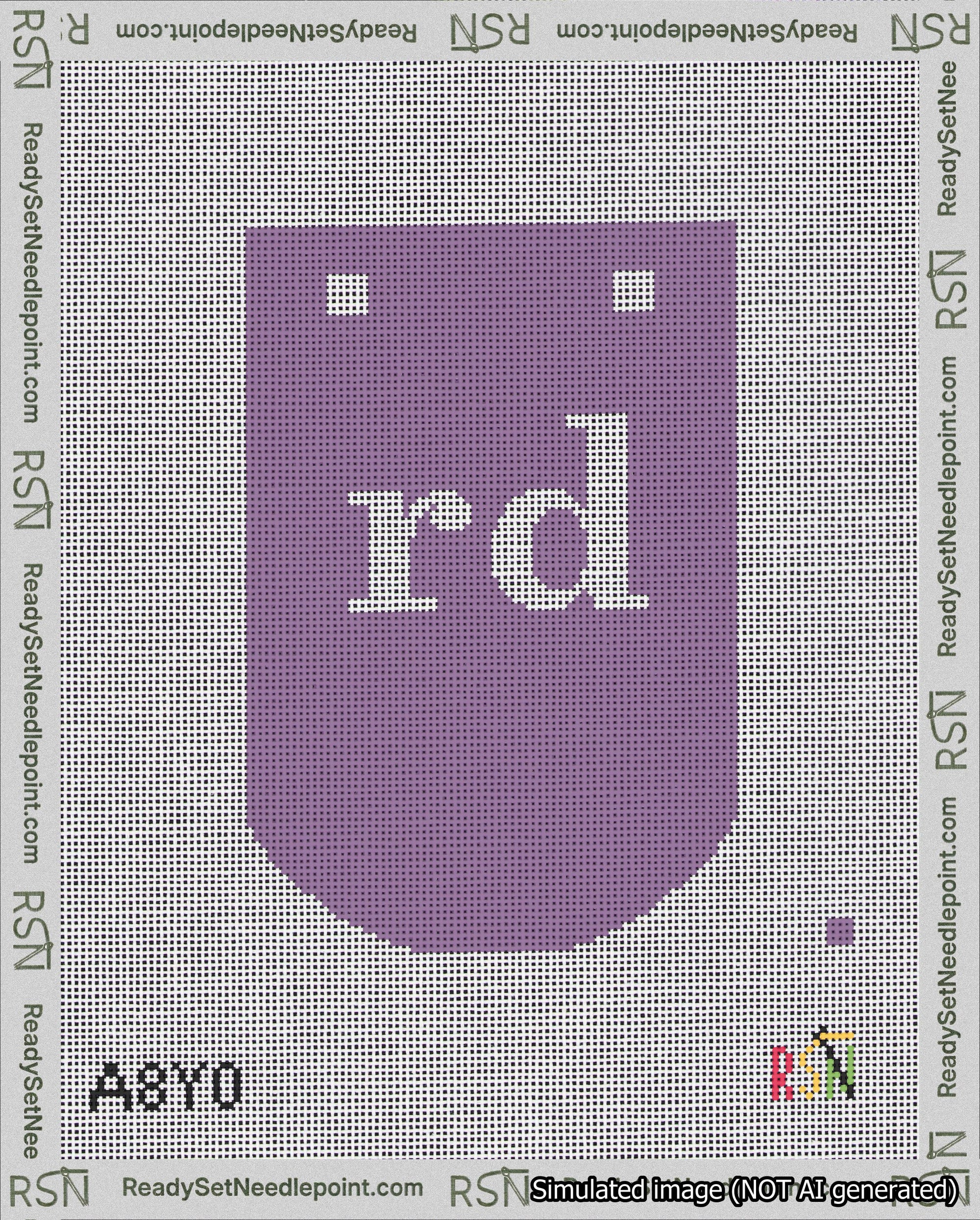 A taped needlepoint canvas with the design: Banner 18 mesh count Curved rd White on Purple.