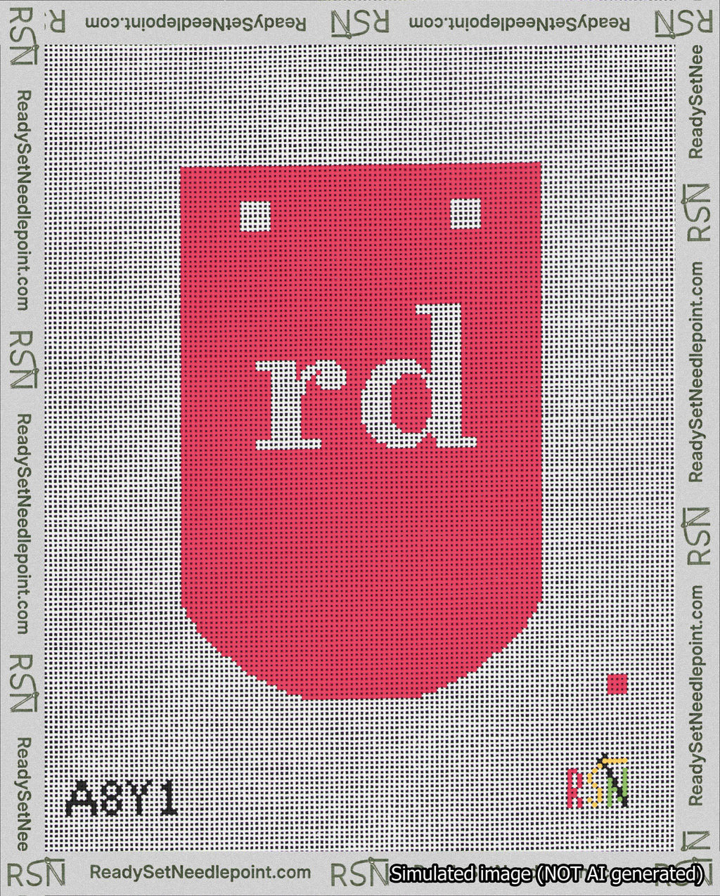 A taped needlepoint canvas with the design: Banner 18 mesh count Curved rd White on Red.