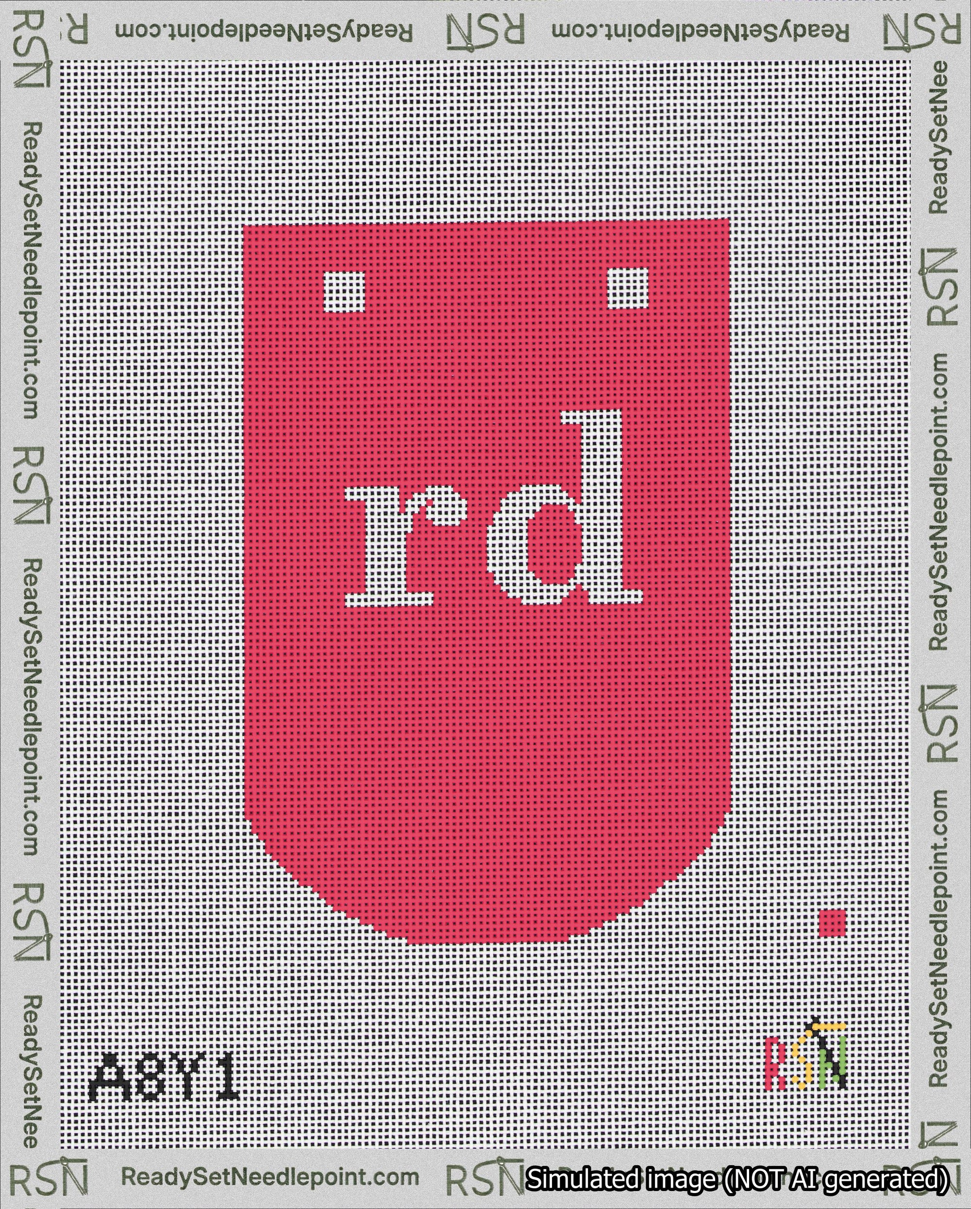 A taped needlepoint canvas with the design: Banner 18 mesh count Curved rd White on Red.