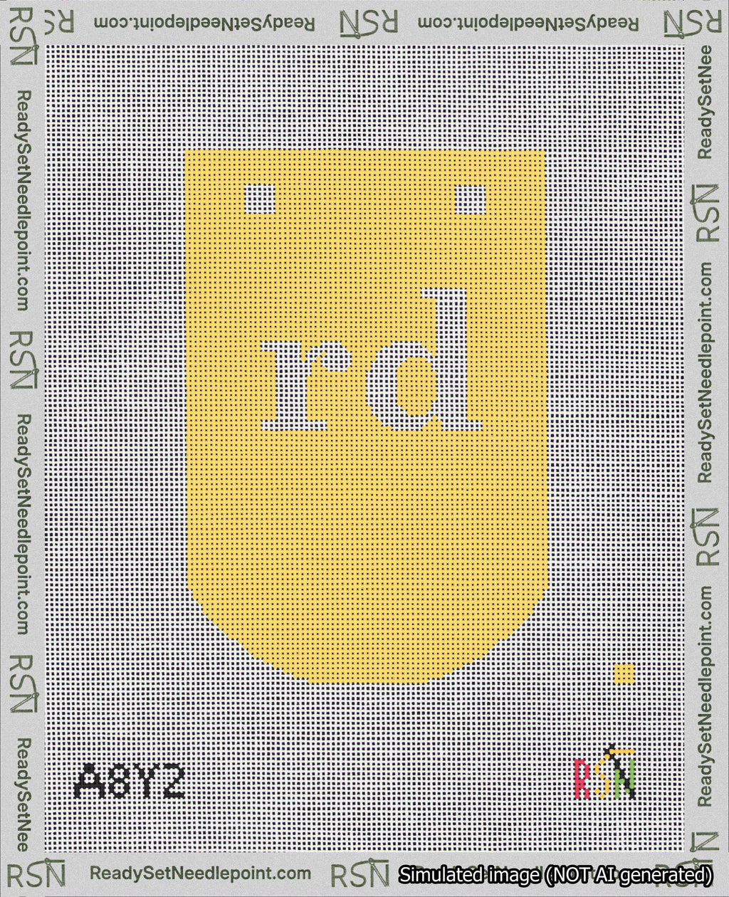 A taped needlepoint canvas with the design: Banner 18 mesh count Curved rd White on Yellow.
