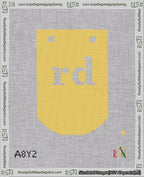 A taped needlepoint canvas with the design: Banner 18 mesh count Curved rd White on Yellow.
