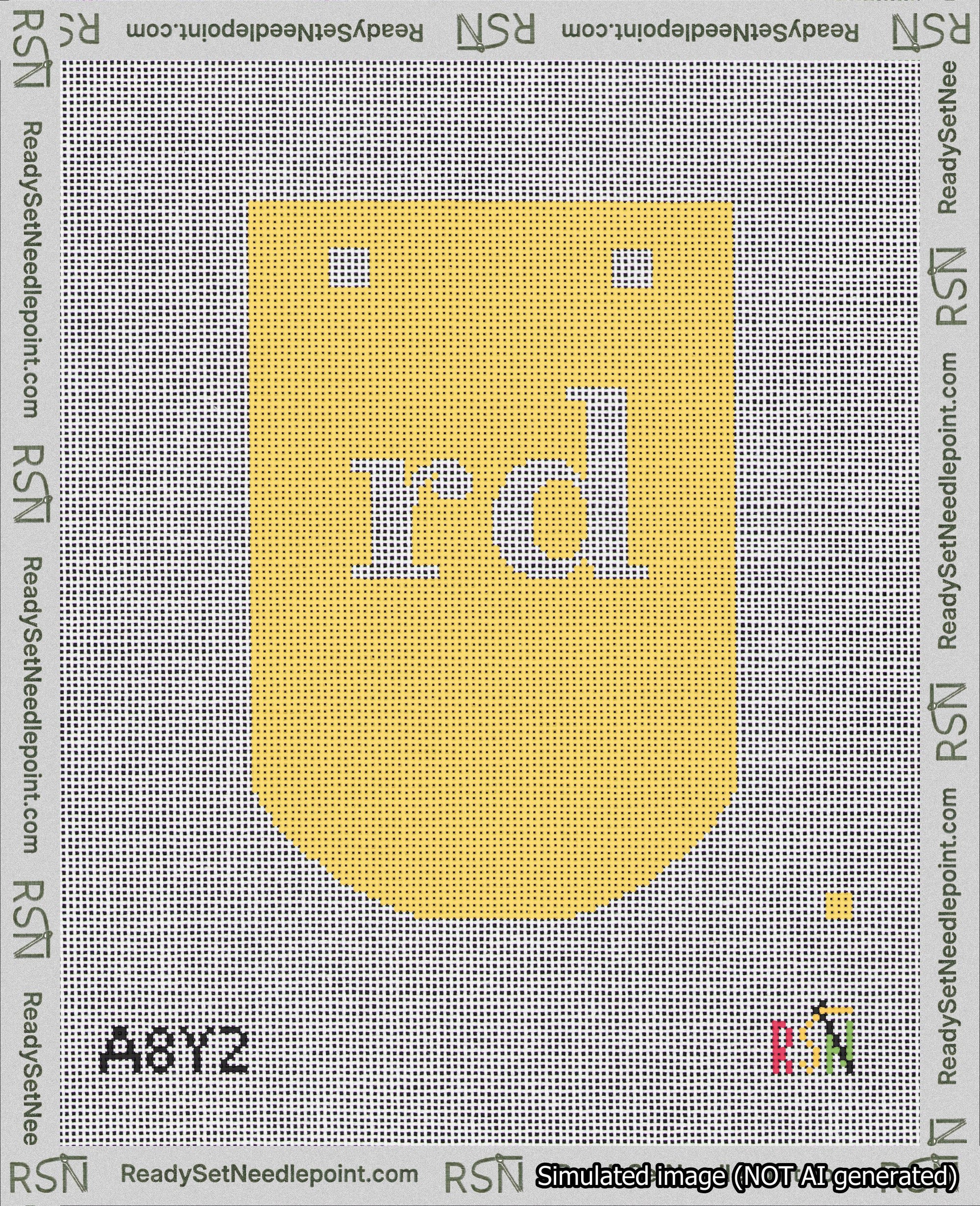 A taped needlepoint canvas with the design: Banner 18 mesh count Curved rd White on Yellow.