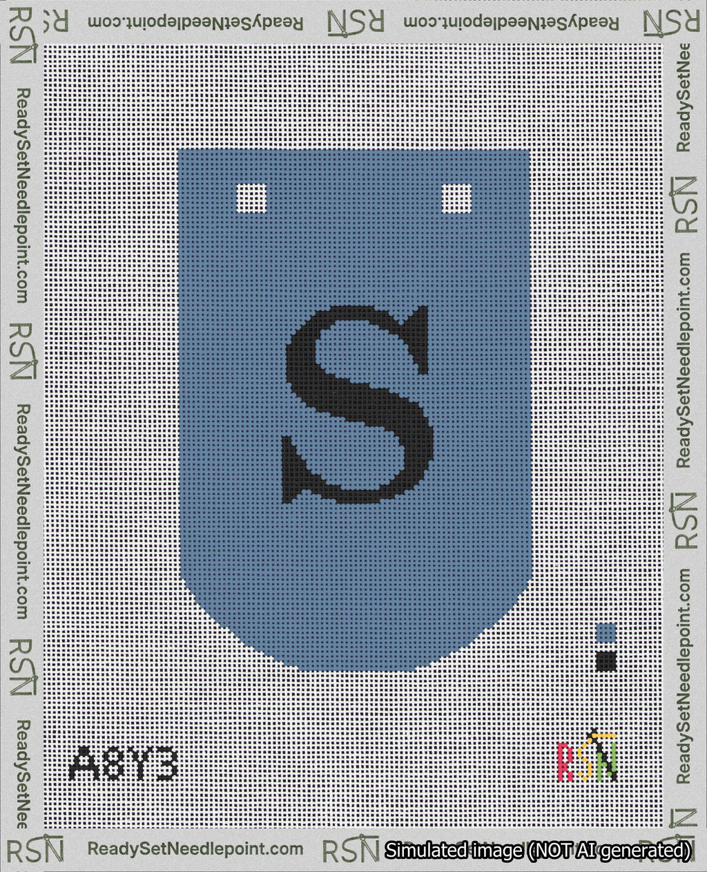 A taped needlepoint canvas with the design: Banner 18 mesh count Curved S Black on Blue.