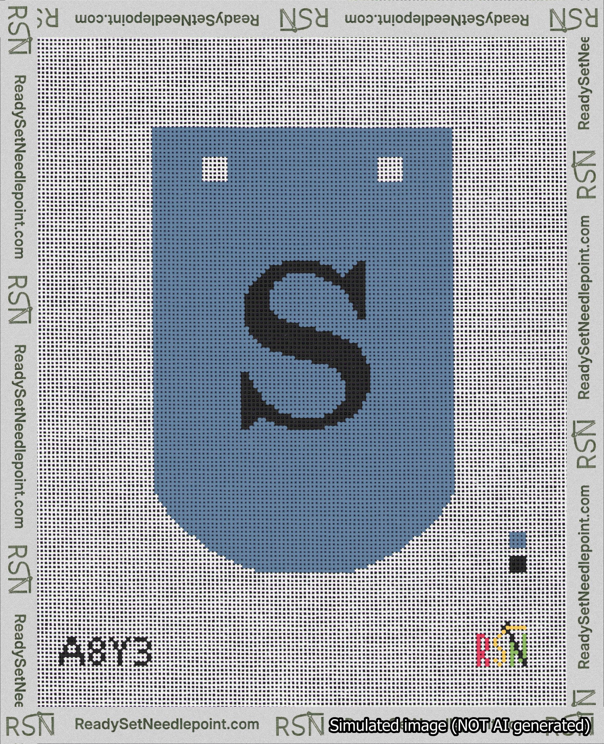 A taped needlepoint canvas with the design: Banner 18 mesh count Curved S Black on Blue.