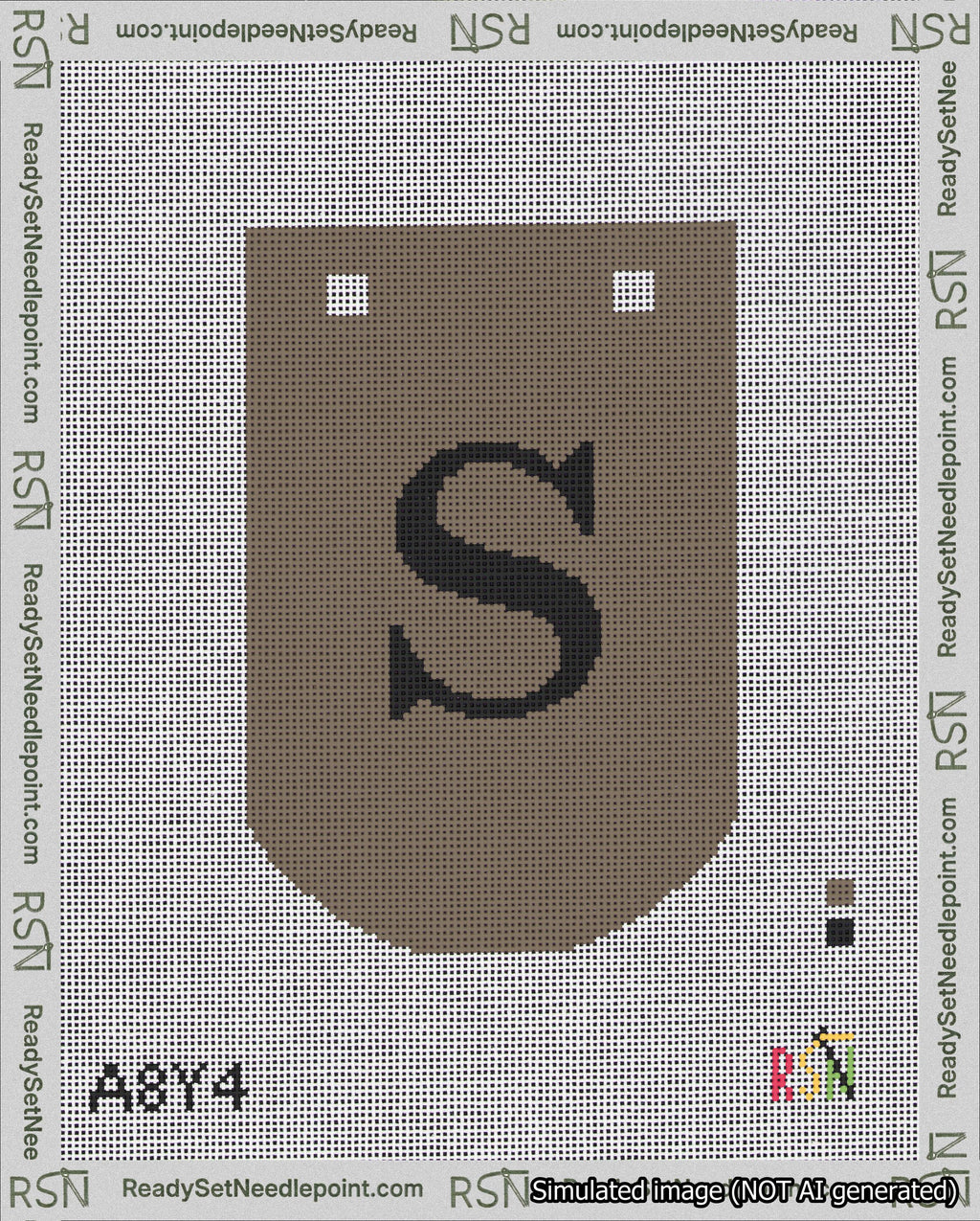 A taped needlepoint canvas with the design: Banner 18 mesh count Curved S Black on Brown.