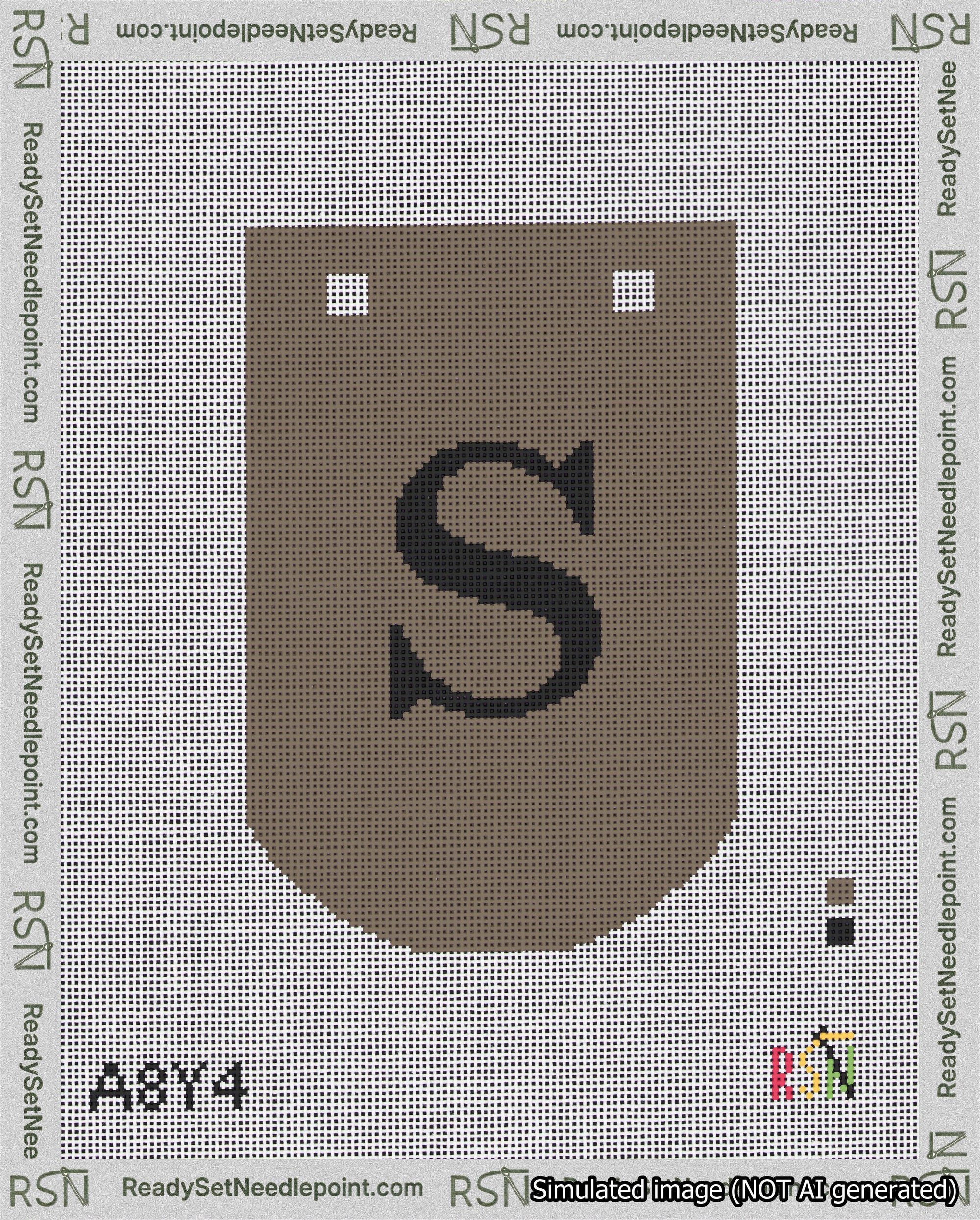 A taped needlepoint canvas with the design: Banner 18 mesh count Curved S Black on Brown.