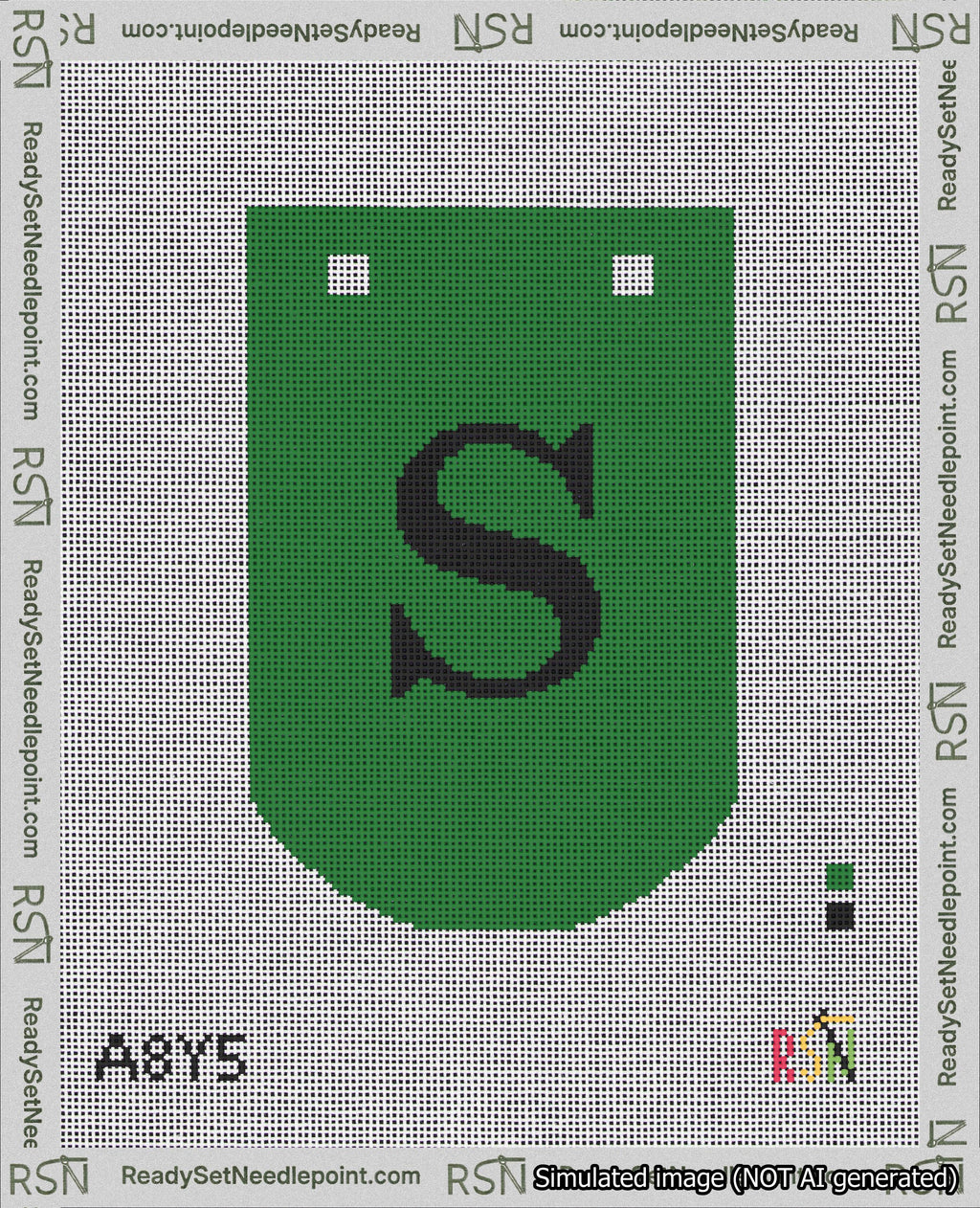 A taped needlepoint canvas with the design: Banner 18 mesh count Curved S Black on Green.
