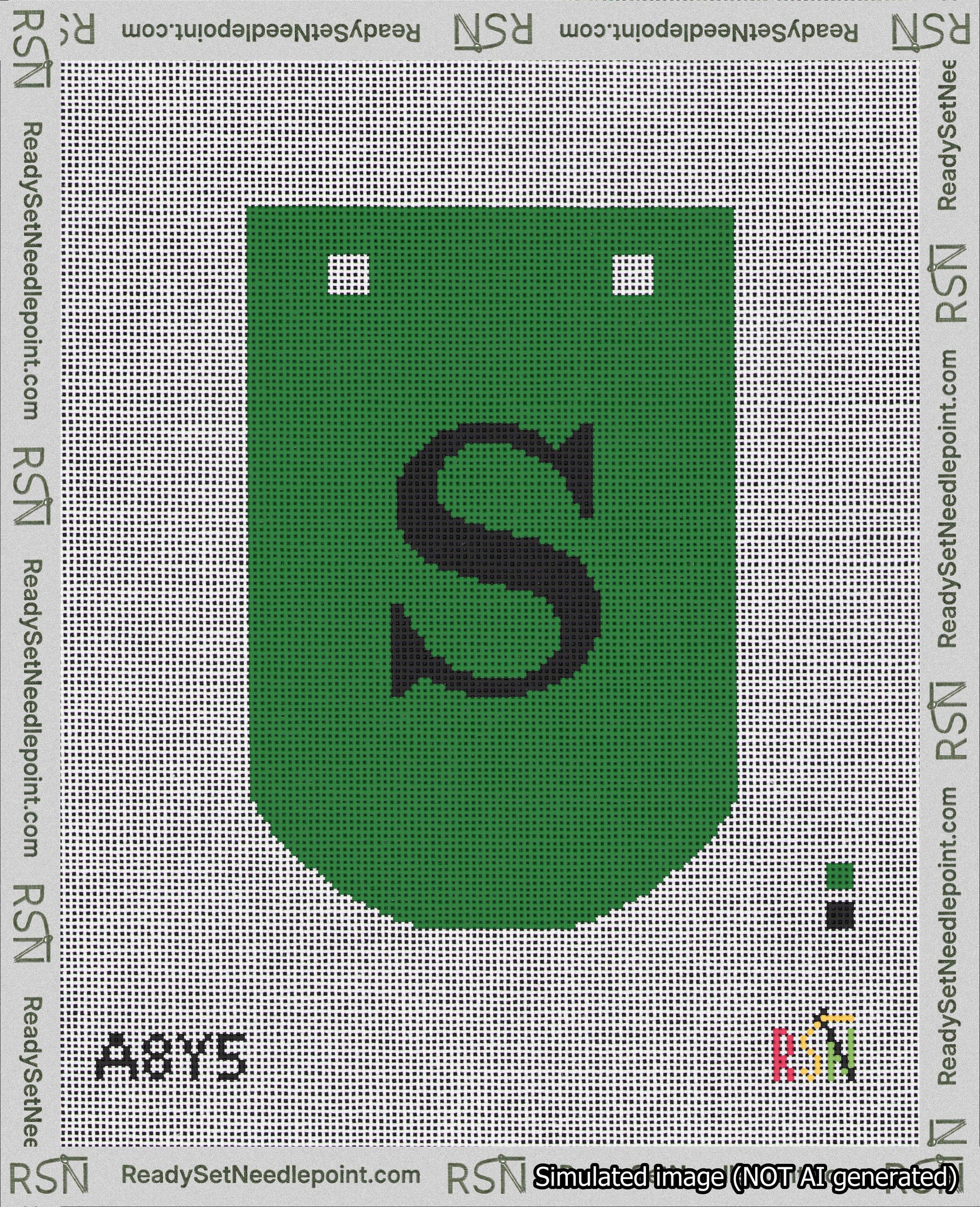 A taped needlepoint canvas with the design: Banner 18 mesh count Curved S Black on Green.
