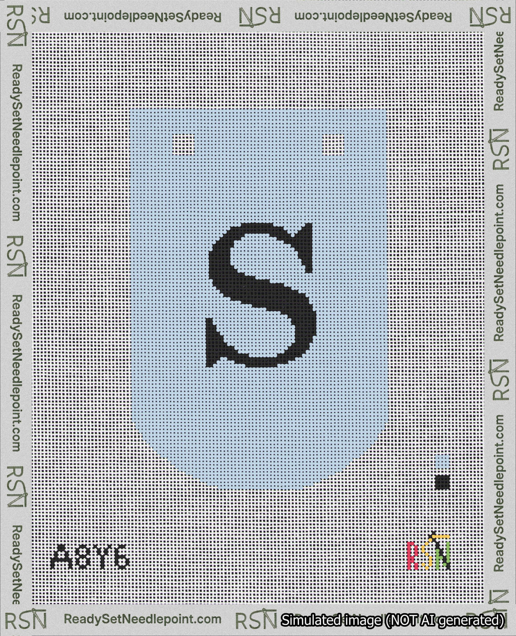 A taped needlepoint canvas with the design: Banner 18 mesh count Curved S Black on Light Blue.