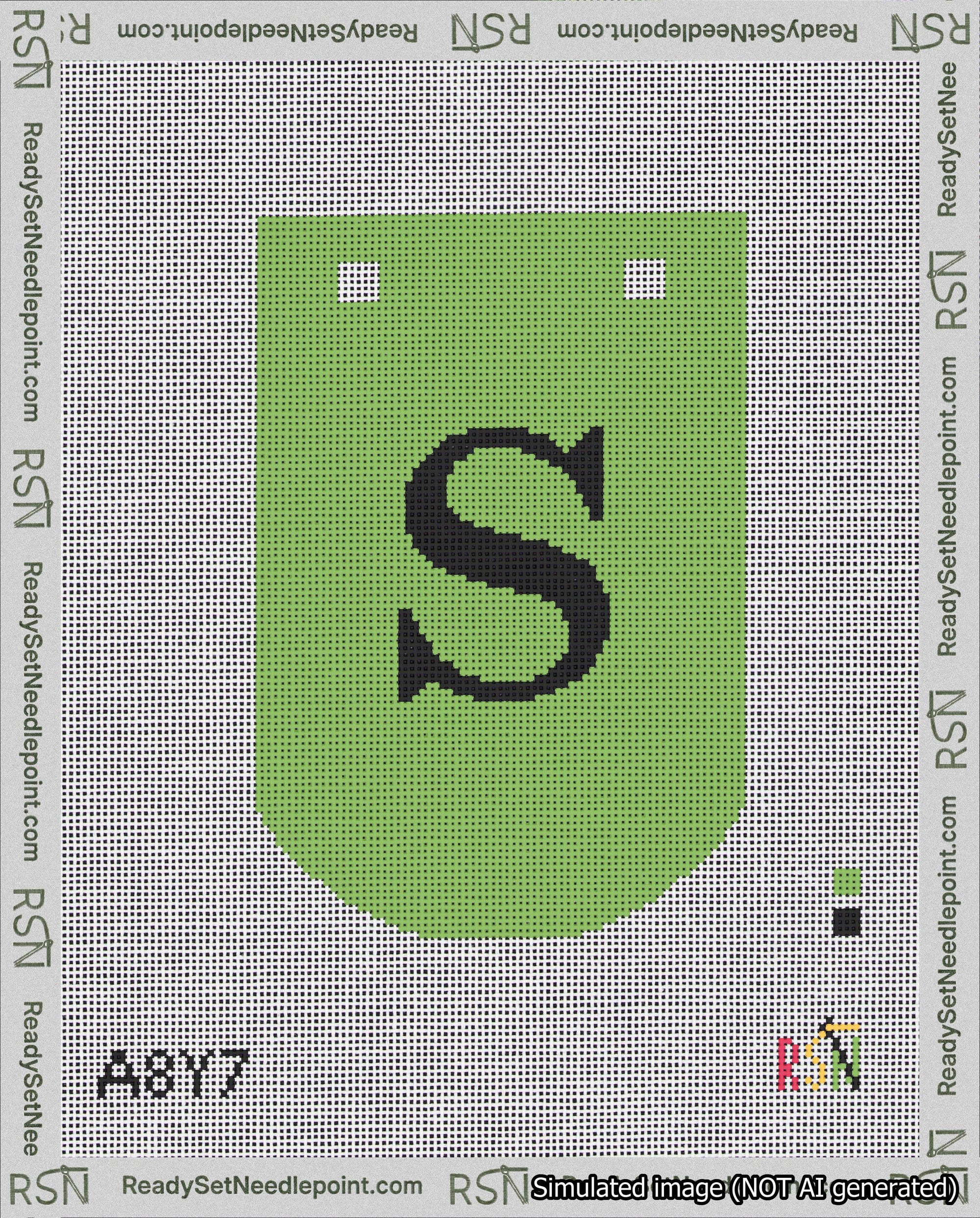A taped needlepoint canvas with the design: Banner 18 mesh count Curved S Black on Light Green.
