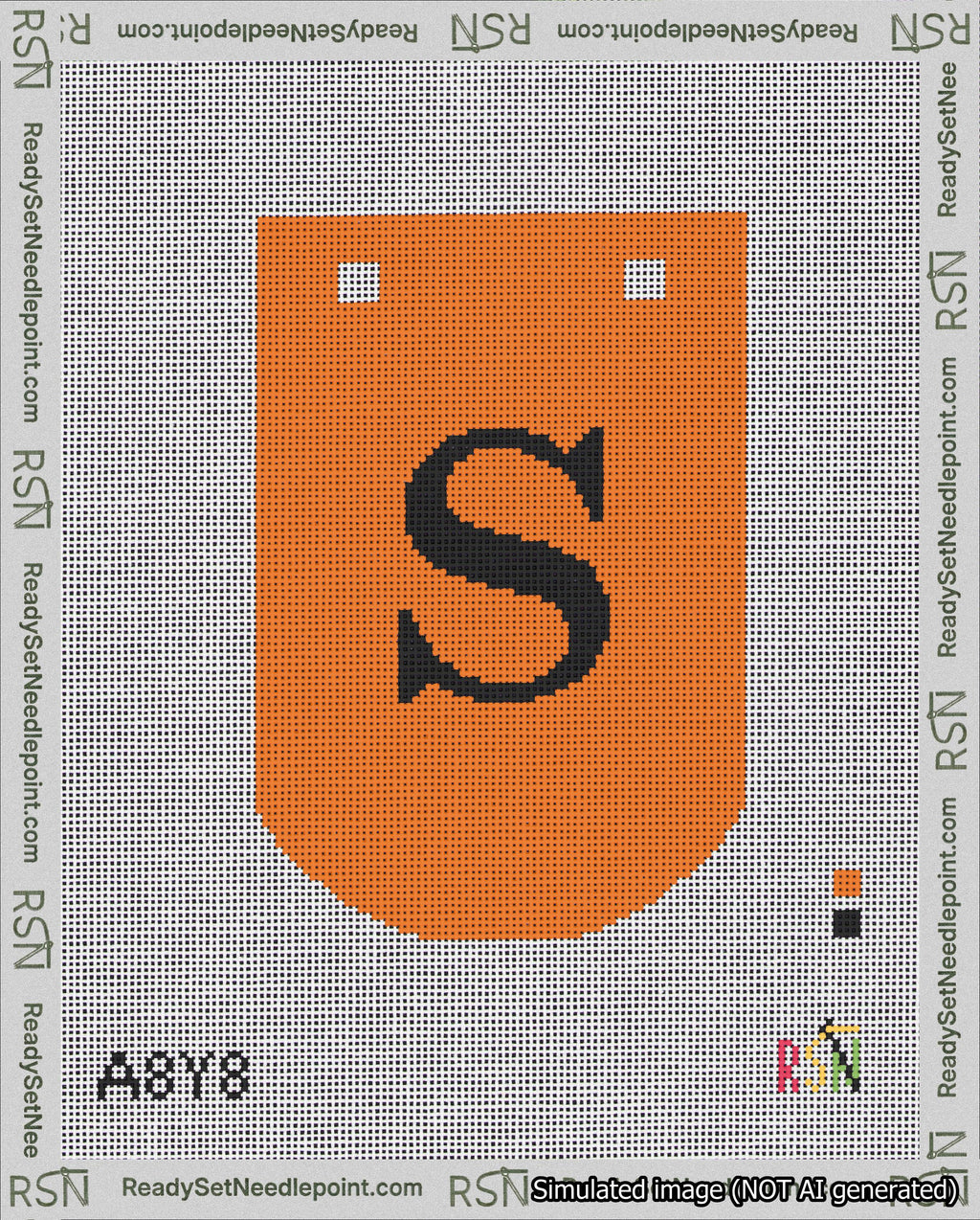 A taped needlepoint canvas with the design: Banner 18 mesh count Curved S Black on Orange.